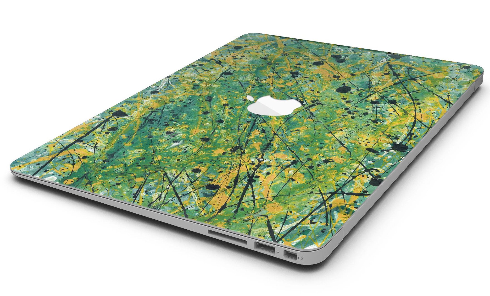 Abstract Wet Paint Green Lines skin kit for MacBook Air, showcasing vibrant green lines on a sleek vinyl surface.