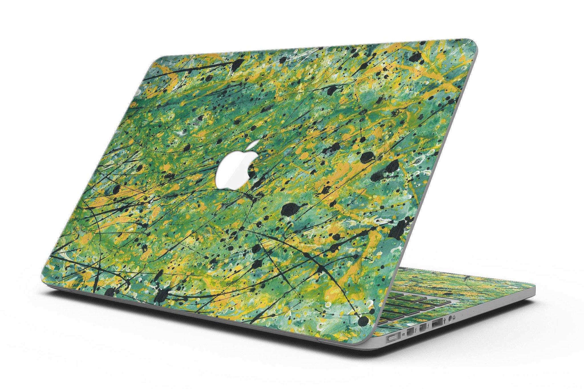 Abstract Wet Paint Green Lines skin for MacBook Pro with Retina Display, showcasing vibrant green lines on a sleek surface.