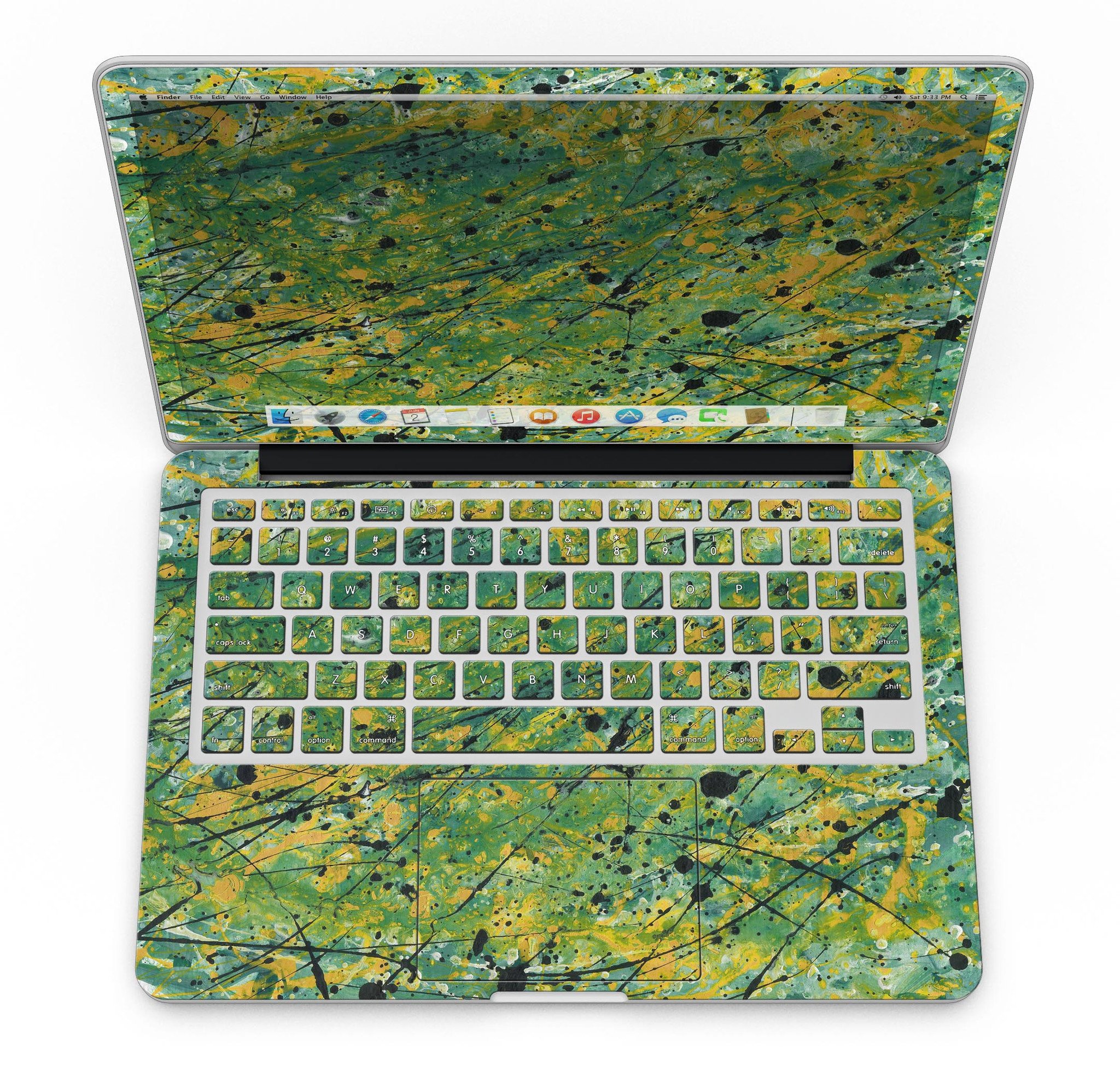 Abstract Wet Paint Green Lines skin for MacBook Pro with Retina Display, showcasing vibrant green lines on a sleek surface.