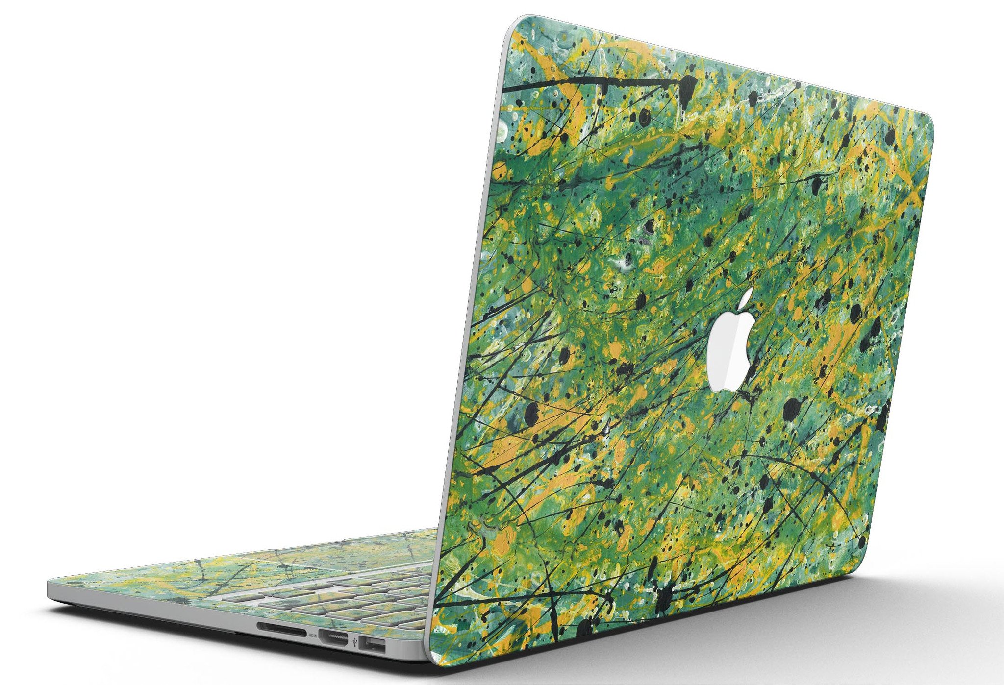 Abstract Wet Paint Green Lines skin for MacBook Pro with Retina Display, showcasing vibrant green lines on a sleek surface.