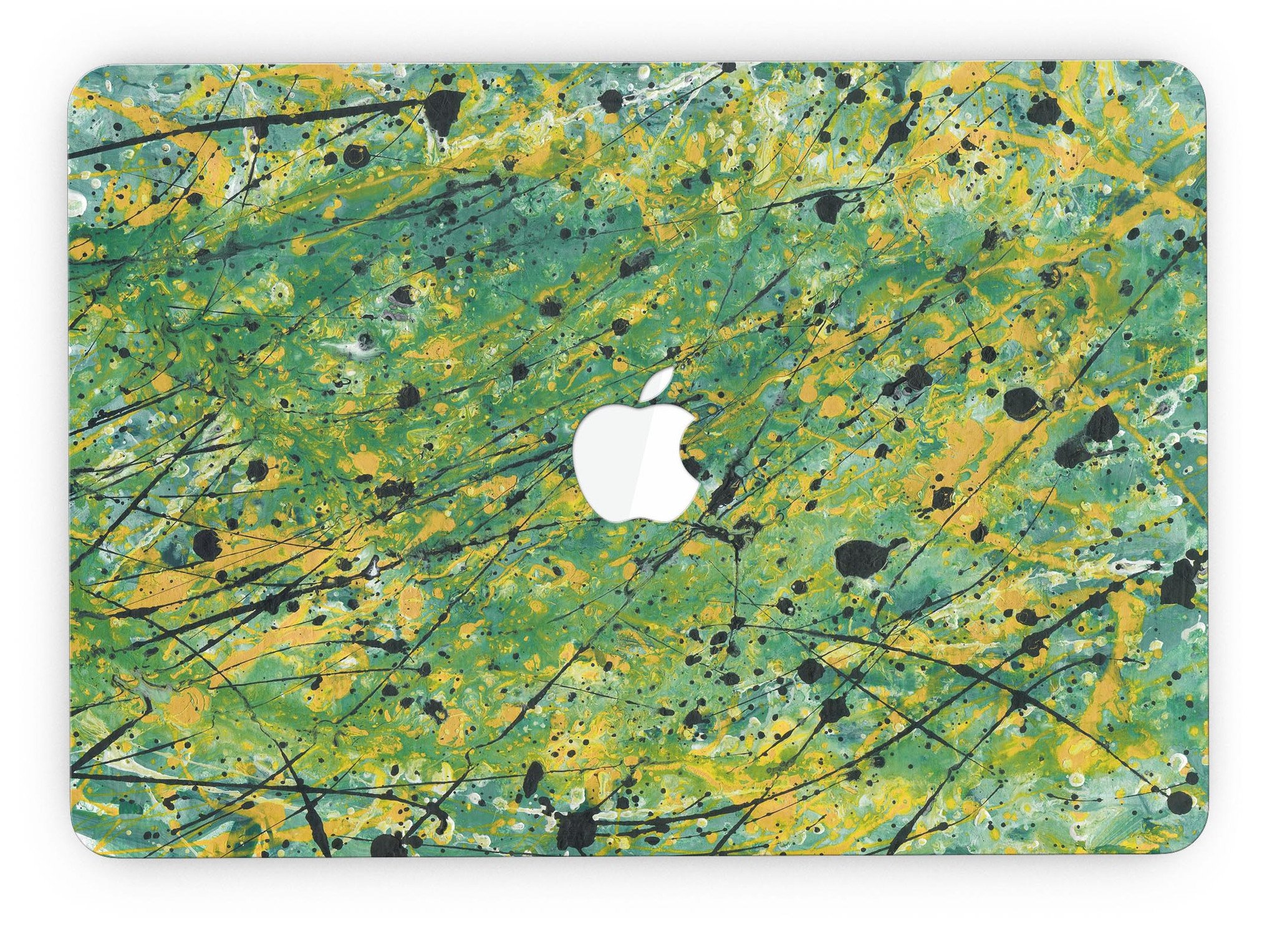 Abstract Wet Paint Green Lines skin for MacBook Pro with Retina Display, showcasing vibrant green lines on a sleek surface.