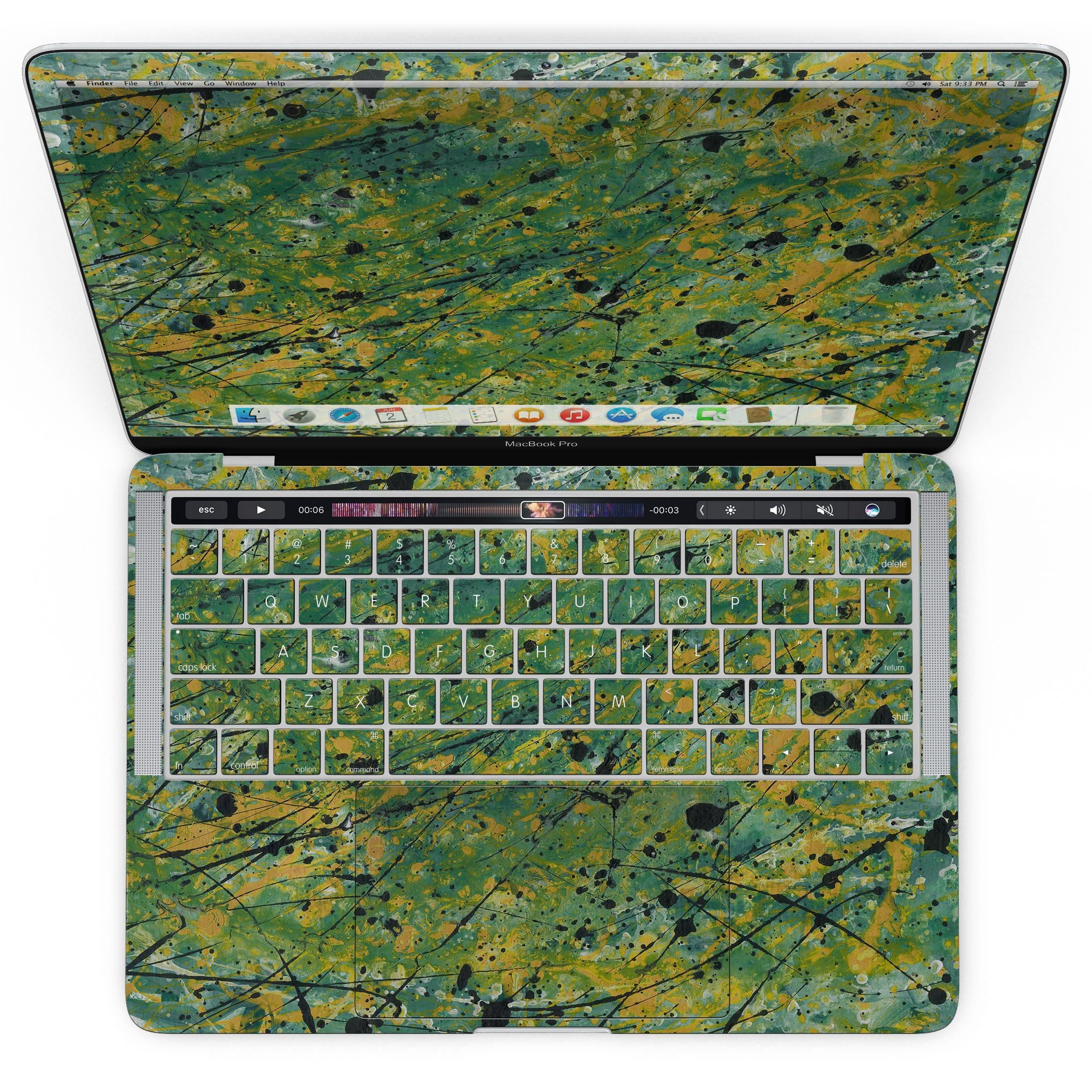 Abstract Wet Paint Green Lines skin for MacBook Pro, showcasing vibrant green lines on a sleek surface.