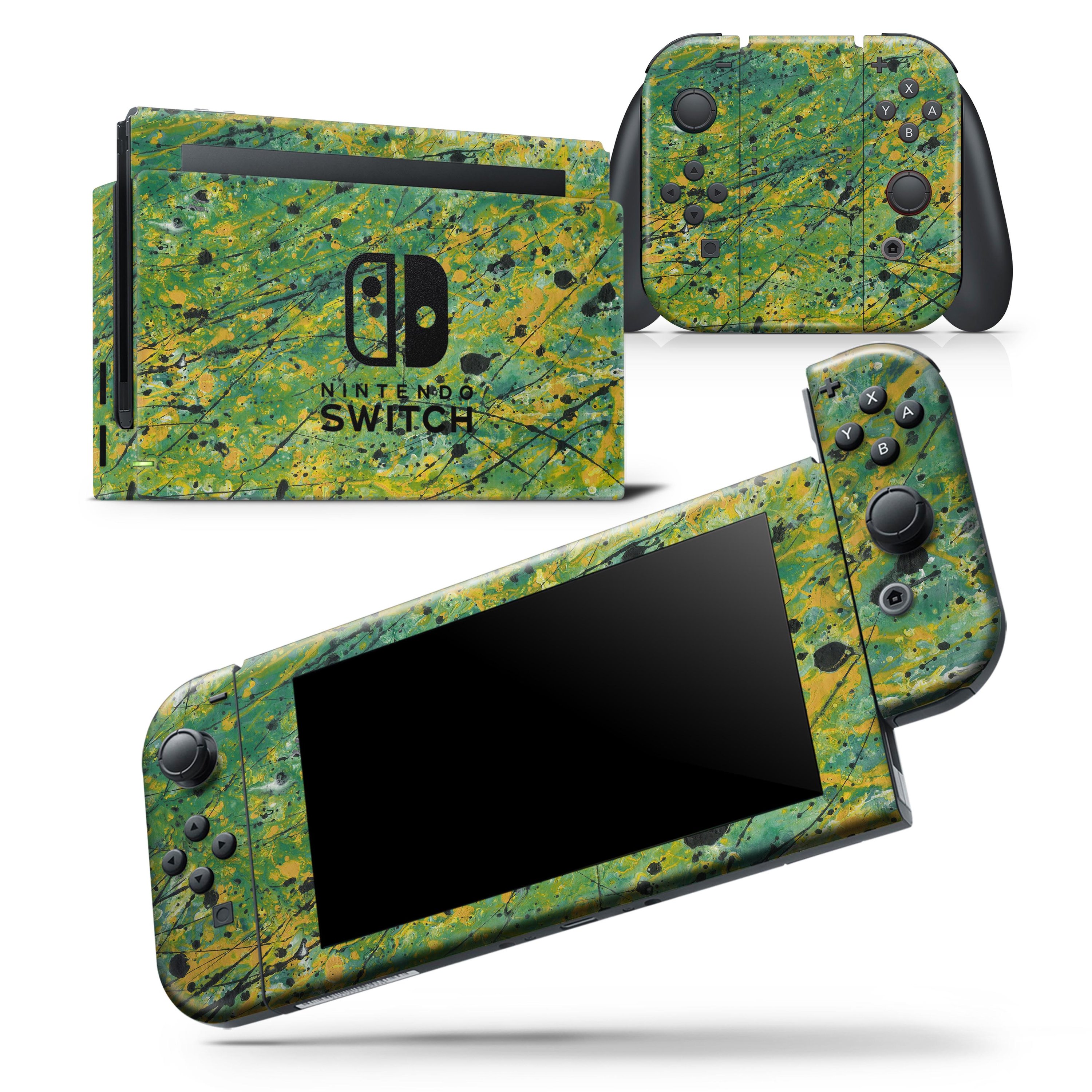 Abstract Wet Paint Green Lines skin wrap decal for Nintendo Switch, showcasing vibrant green lines on a sleek surface.