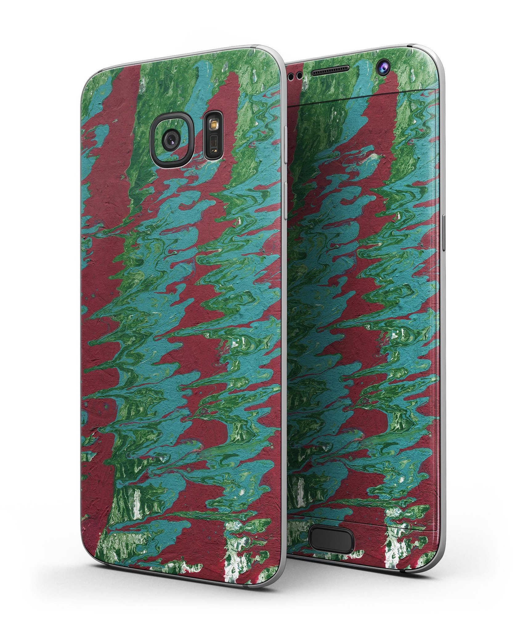 Abstract Wet Paint Mint Green to Red skin kit for Samsung Galaxy S7 and S7 Edge, showcasing vibrant colors and premium vinyl material.