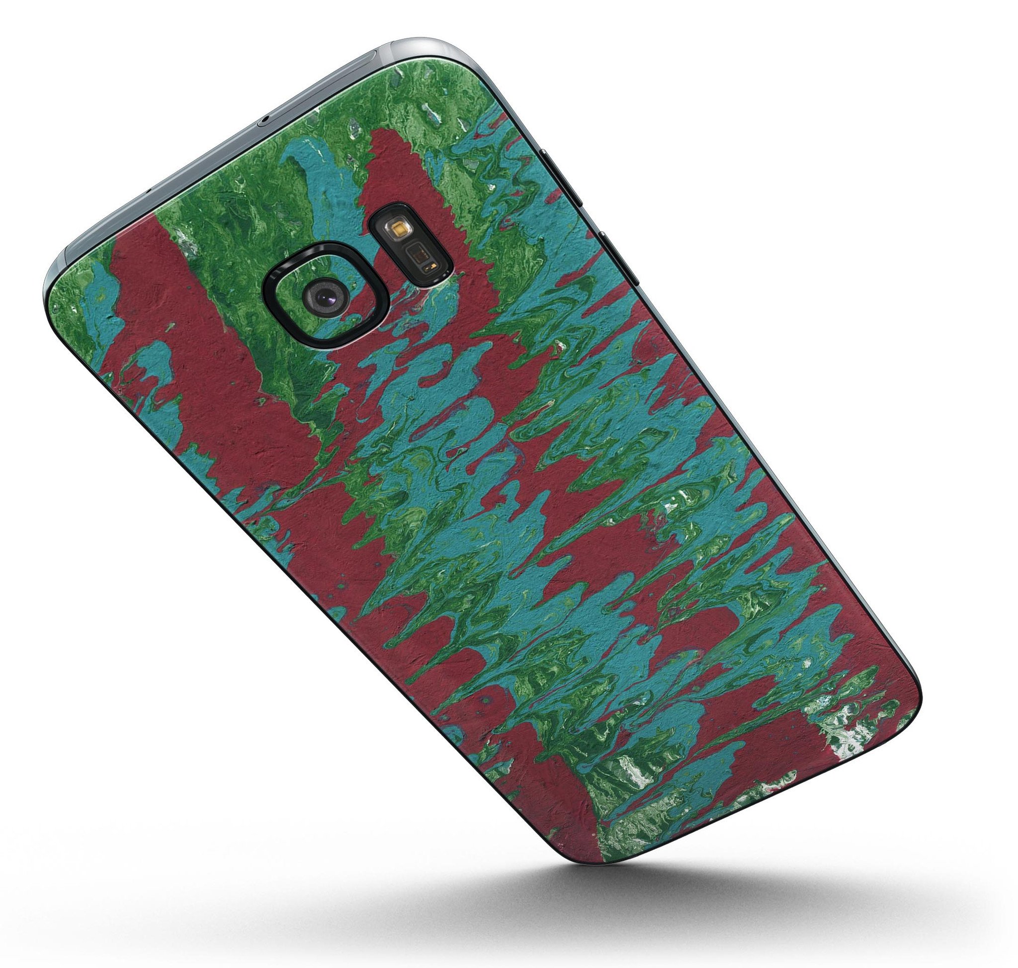 Abstract Wet Paint Mint Green to Red skin kit for Samsung Galaxy S7 and S7 Edge, showcasing vibrant colors and premium vinyl material.