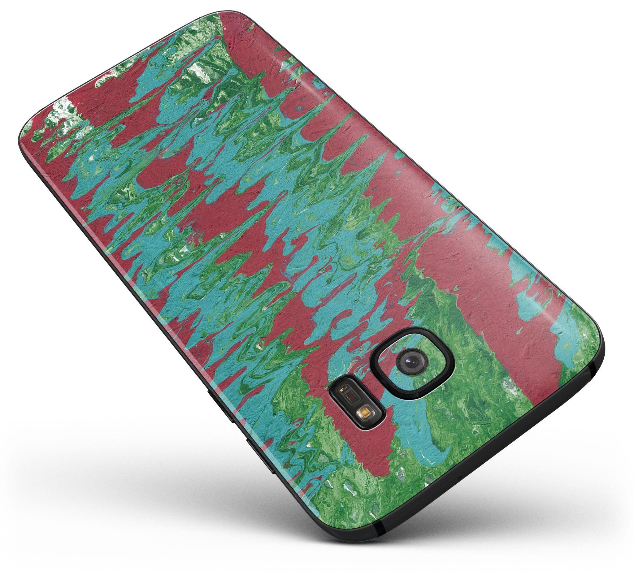 Abstract Wet Paint Mint Green to Red skin kit for Samsung Galaxy S7 and S7 Edge, showcasing vibrant colors and premium vinyl material.