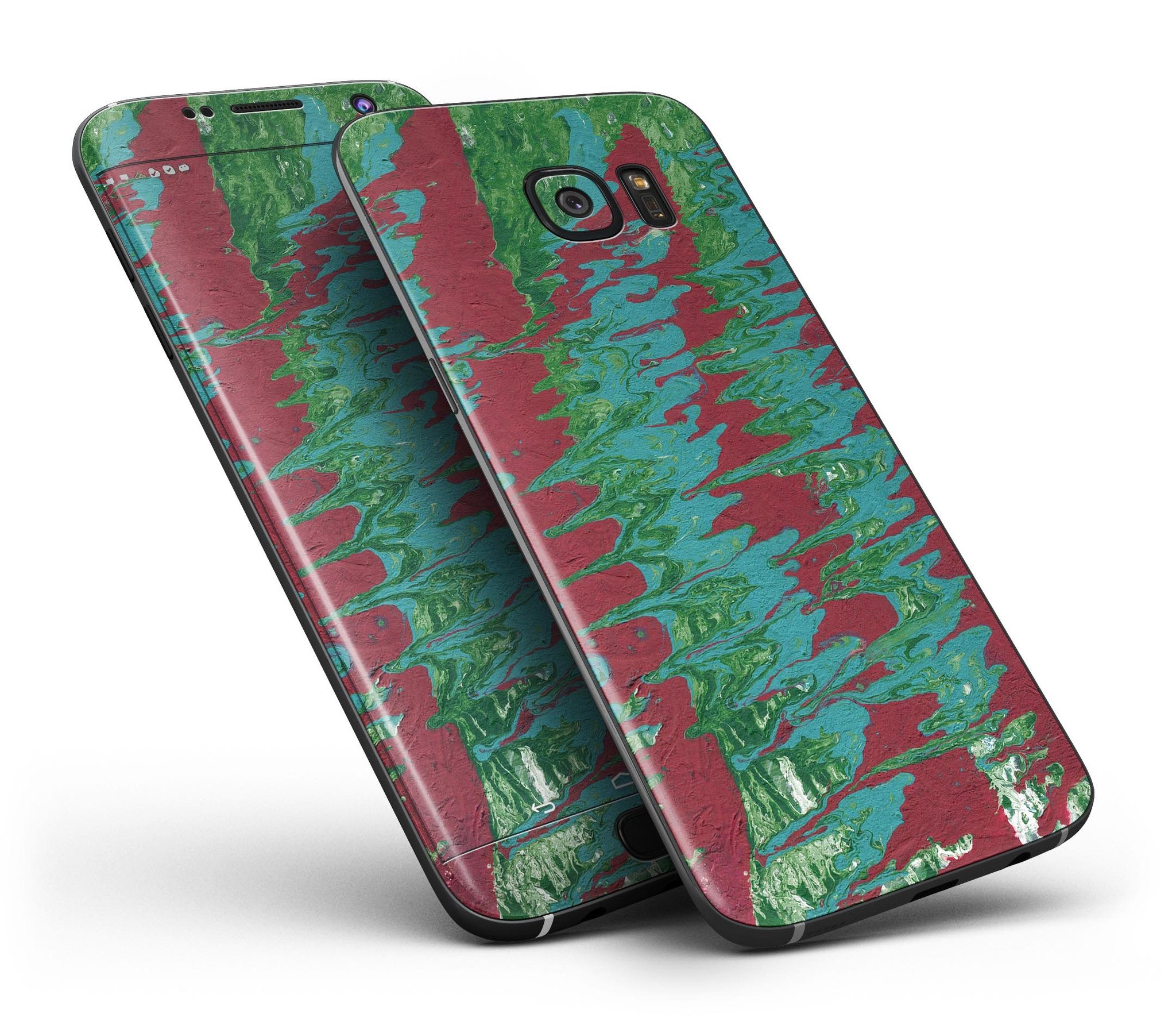 Abstract Wet Paint Mint Green to Red skin kit for Samsung Galaxy S7 and S7 Edge, showcasing vibrant colors and premium vinyl material.