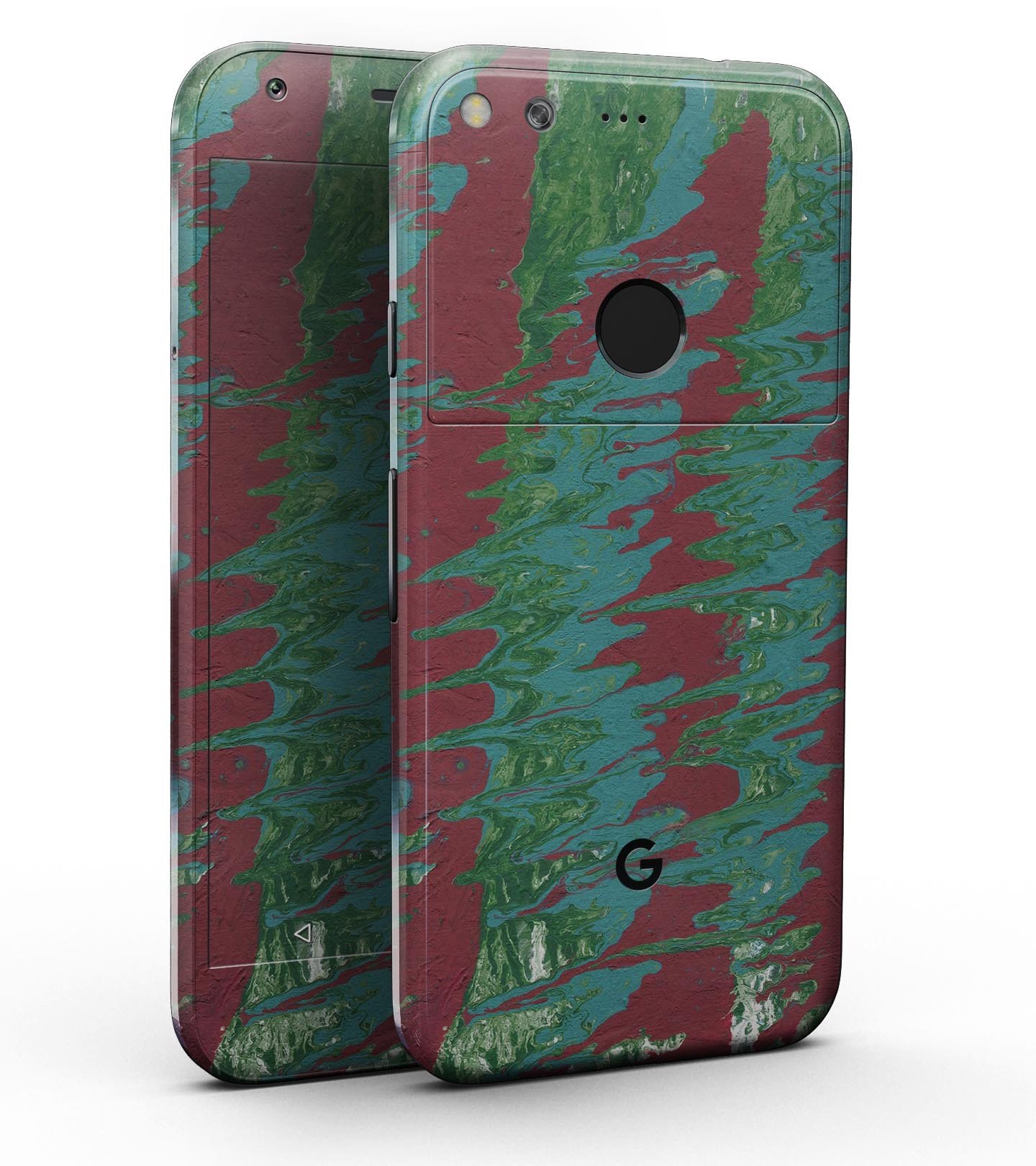 Abstract Wet Paint Mint Green to Red Full-Body Skin Kit for Google Pixel, showcasing vibrant colors and precision fit.