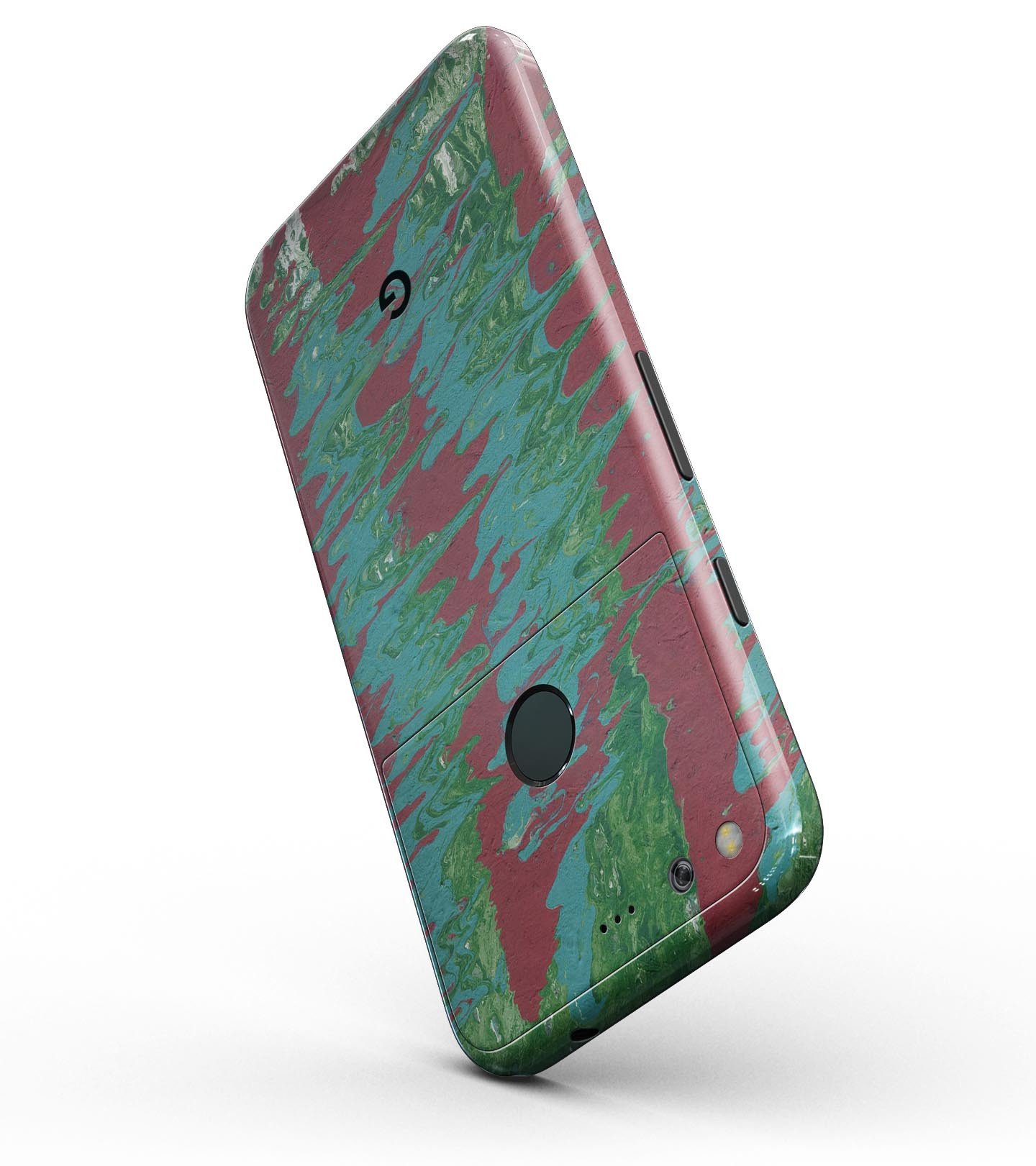 Abstract Wet Paint Mint Green to Red Full-Body Skin Kit for Google Pixel, showcasing vibrant colors and precision fit.