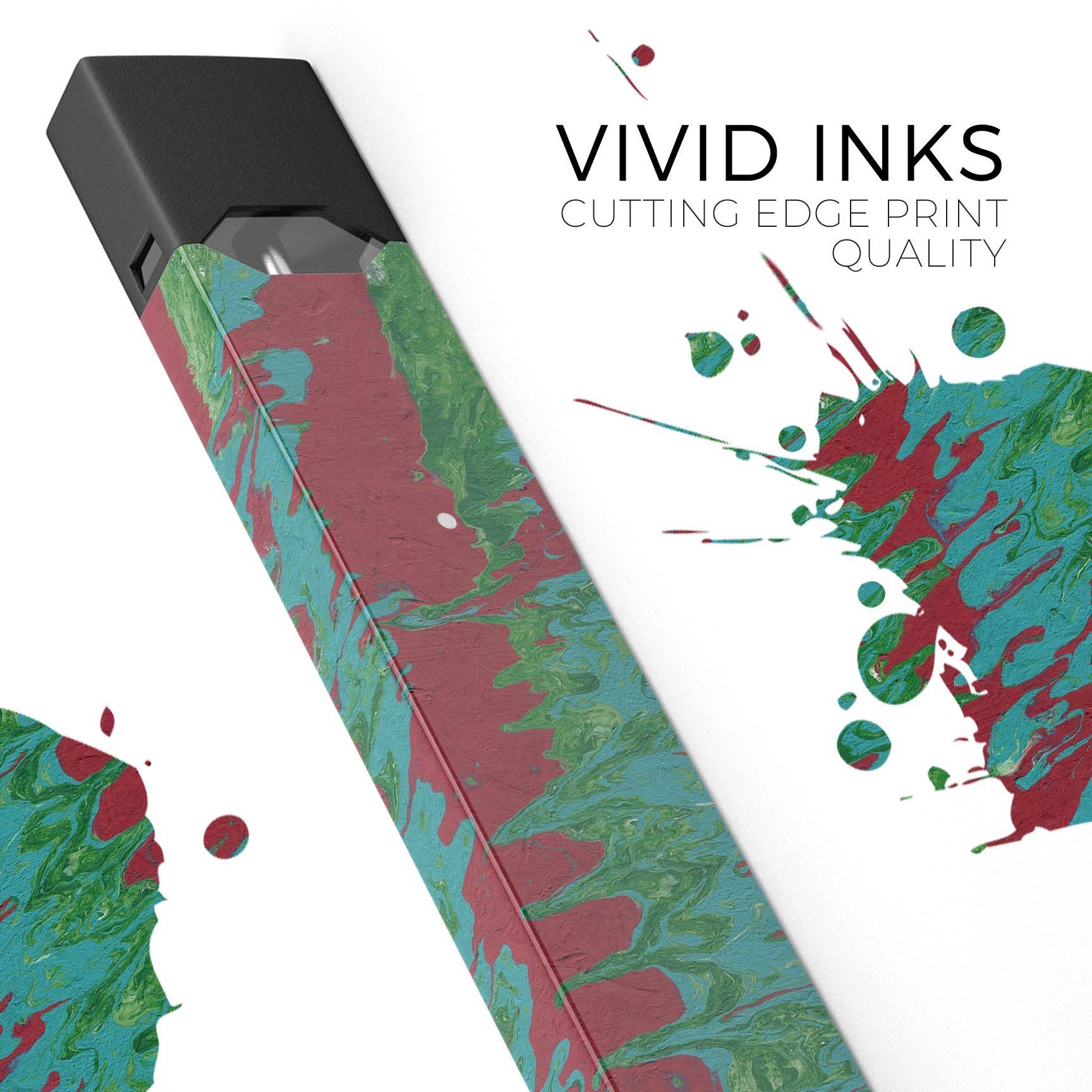 Abstract Wet Paint Mint Green to Red decal for JUUL vaping device, showcasing vibrant colors and premium quality design.