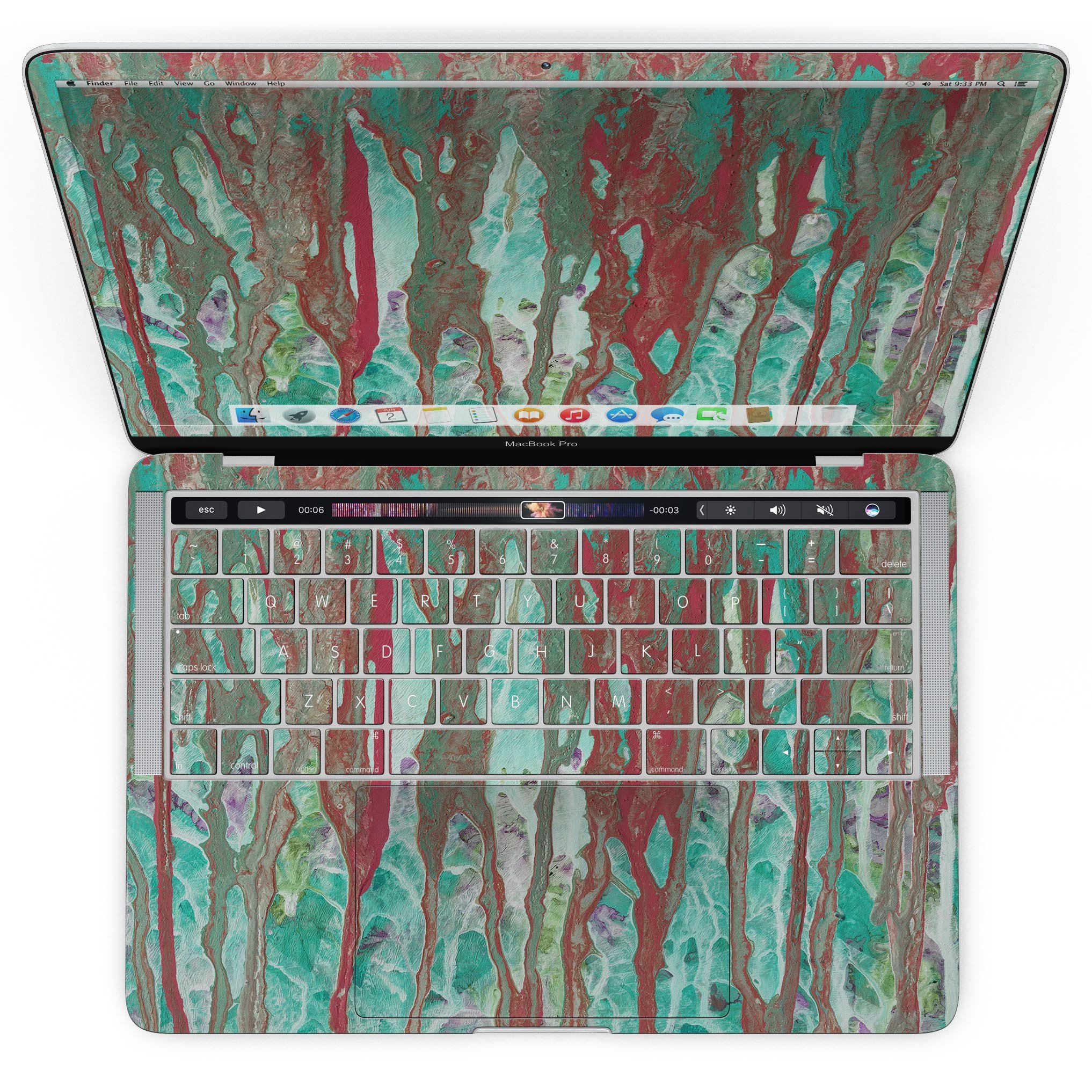 Abstract Wet Paint Mint Rustic skin kit for MacBook Pro with Touch Bar, showcasing vibrant colors and unique design.