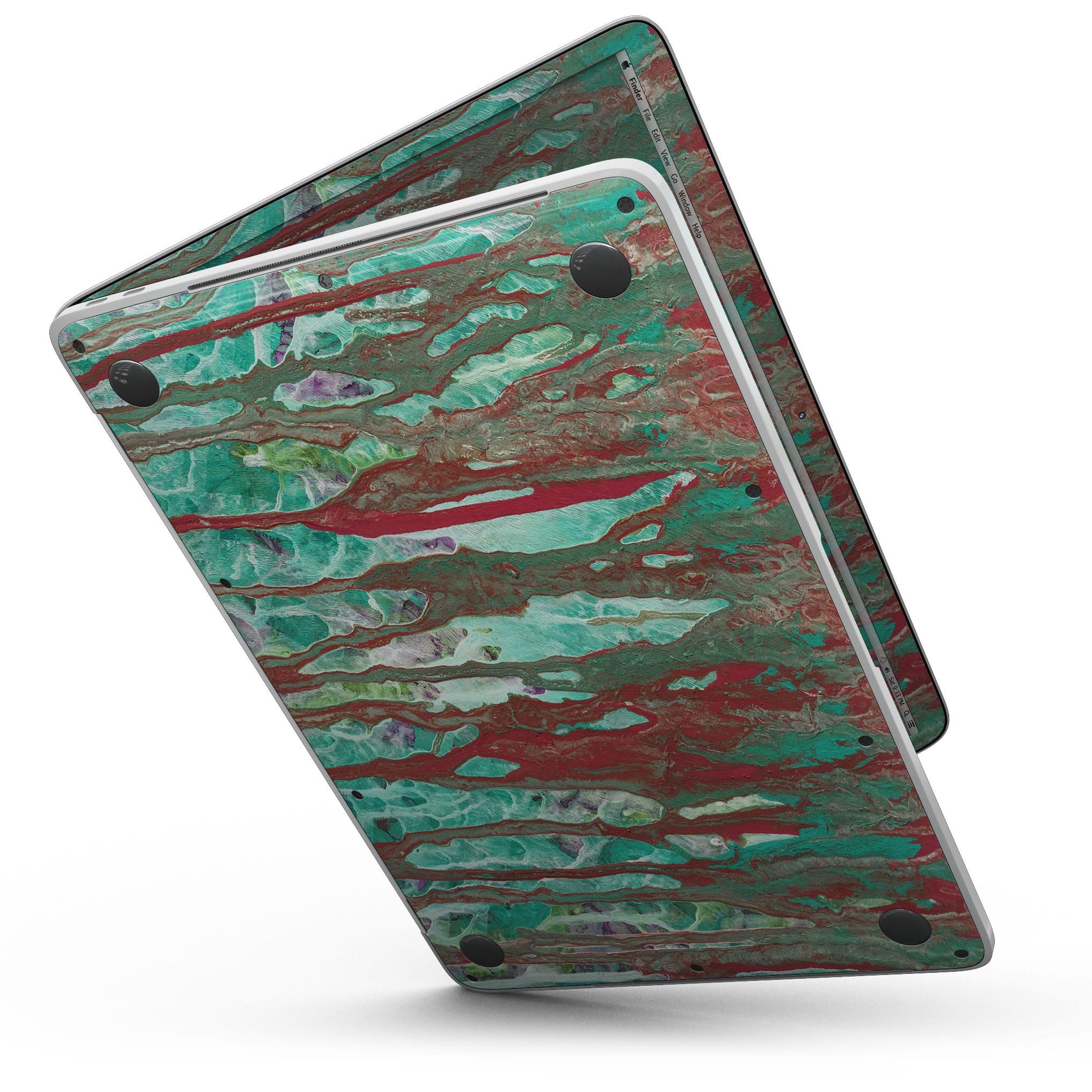 Abstract Wet Paint Mint Rustic skin kit for MacBook Pro with Touch Bar, showcasing vibrant colors and unique design.