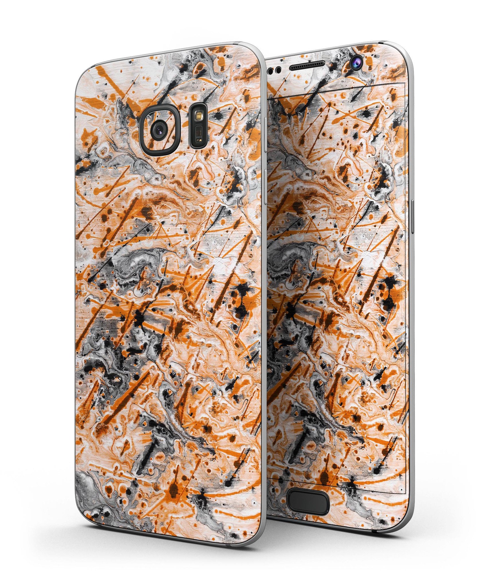 Abstract Wet Paint Orange full body skin kit for Samsung Galaxy S7 and S7 Edge, showcasing vibrant colors and precision cuts.