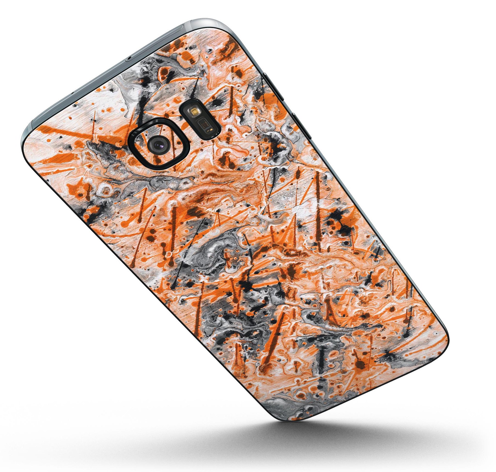 Abstract Wet Paint Orange full body skin kit for Samsung Galaxy S7 and S7 Edge, showcasing vibrant colors and precision cuts.