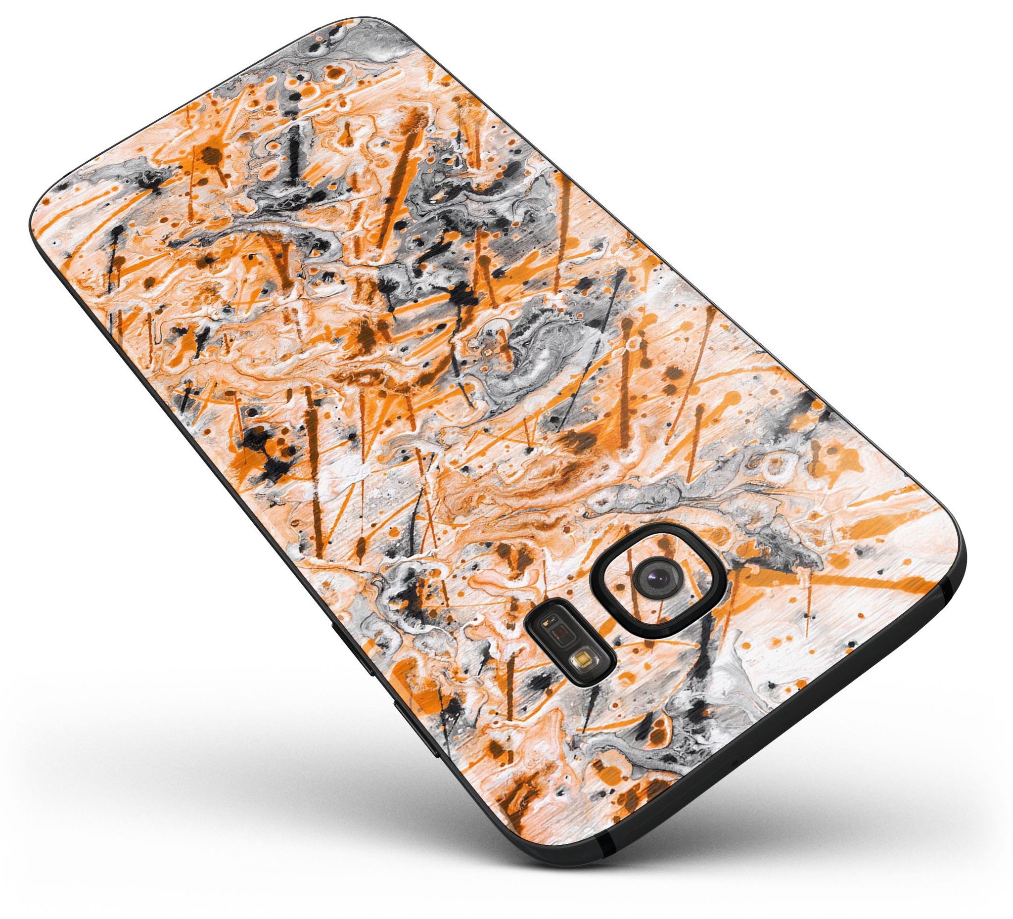 Abstract Wet Paint Orange full body skin kit for Samsung Galaxy S7 and S7 Edge, showcasing vibrant colors and precision cuts.