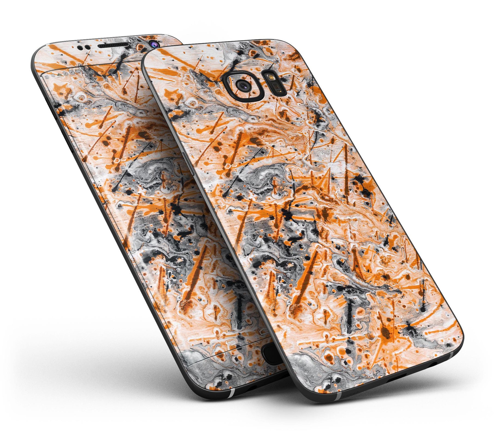 Abstract Wet Paint Orange full body skin kit for Samsung Galaxy S7 and S7 Edge, showcasing vibrant colors and precision cuts.