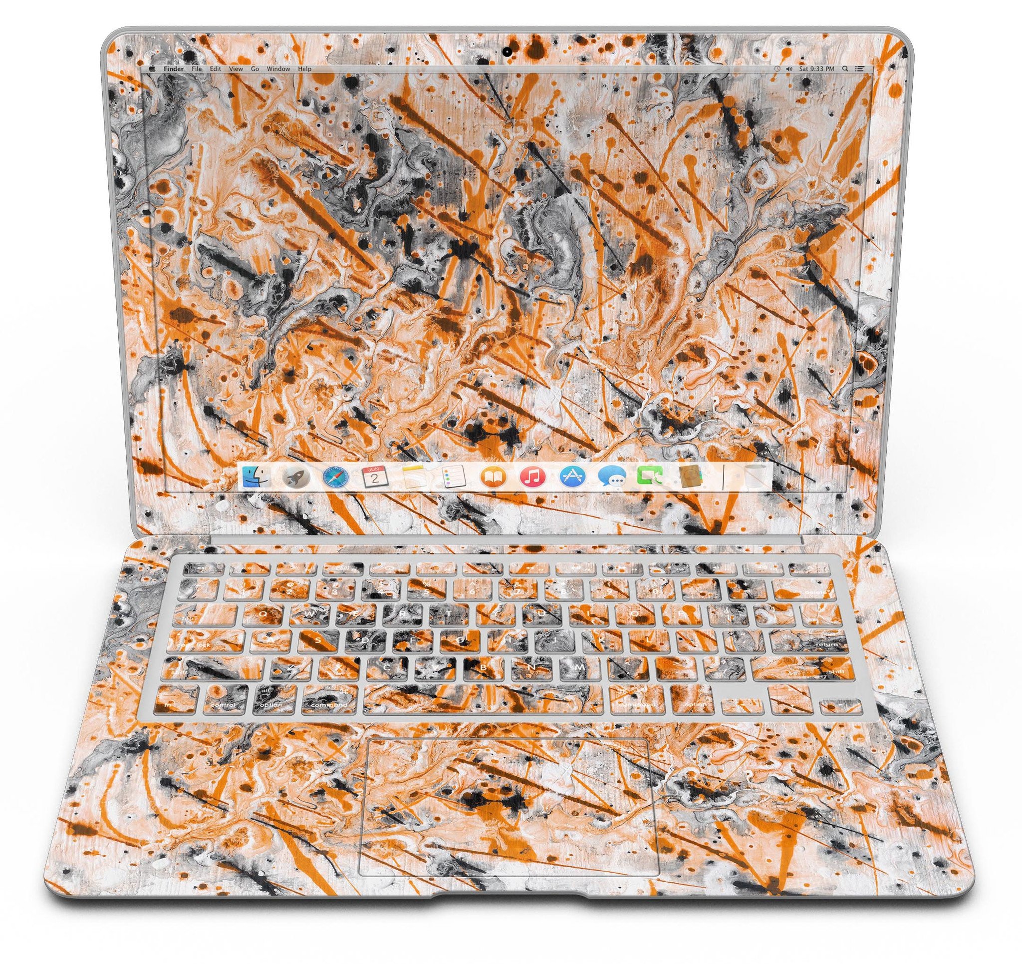 Abstract Wet Paint Orange skin kit for MacBook Air, showcasing vibrant colors and unique design for personalized device protection.