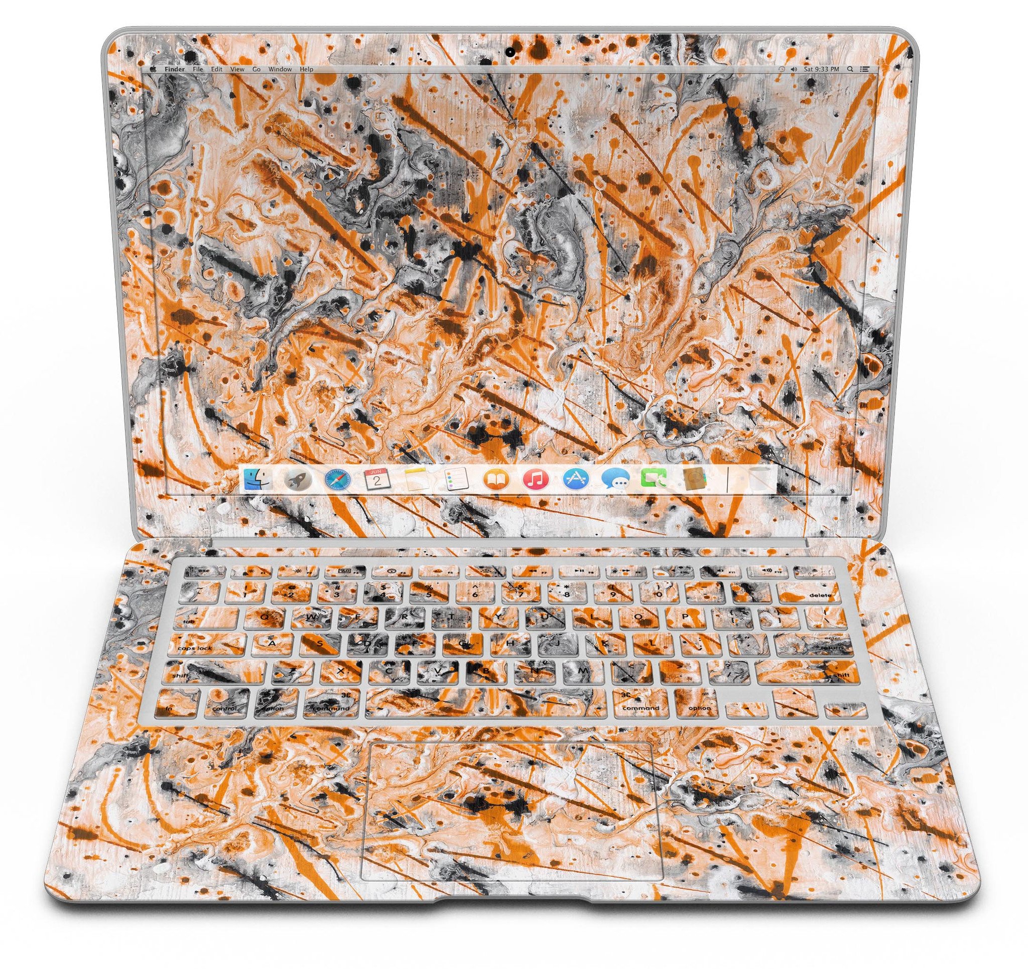 Abstract Wet Paint Orange skin kit for MacBook Air, showcasing vibrant colors and unique design for personalized device protection.