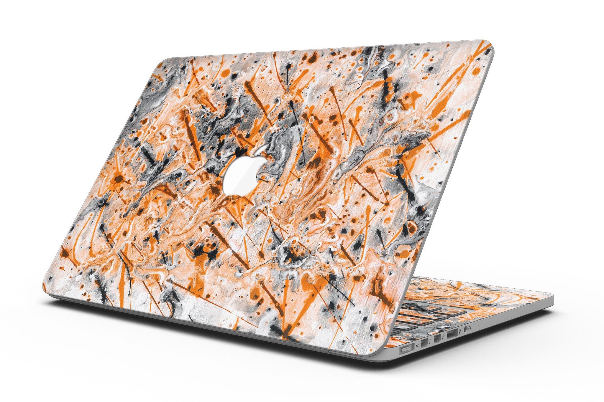 Abstract Wet Paint Orange skin for MacBook Pro with Retina Display, showcasing vibrant colors and a sleek design.