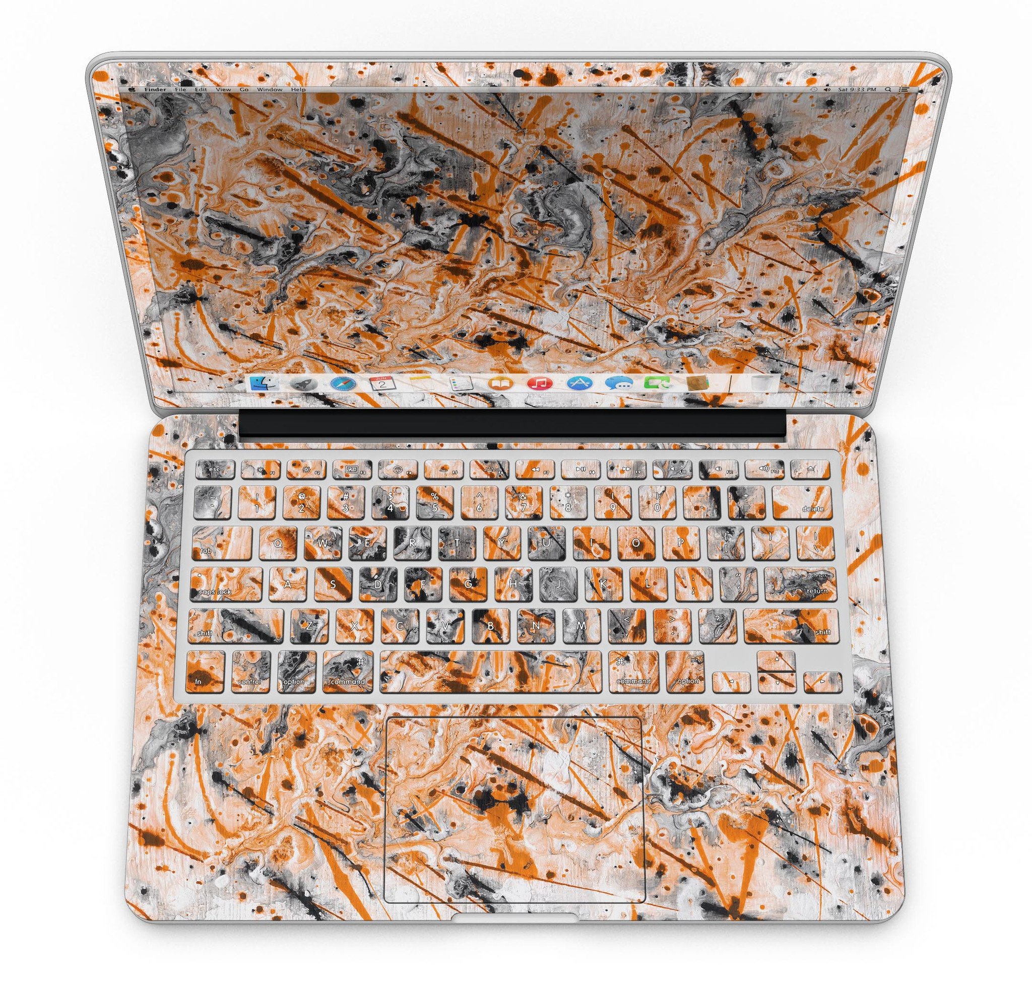 Abstract Wet Paint Orange skin for MacBook Pro with Retina Display, showcasing vibrant colors and a sleek design.