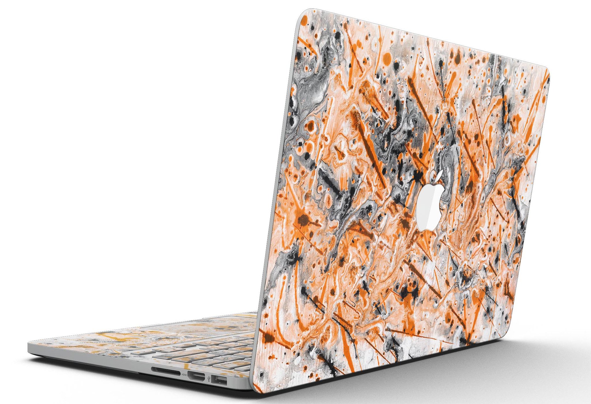 Abstract Wet Paint Orange skin for MacBook Pro with Retina Display, showcasing vibrant colors and a sleek design.