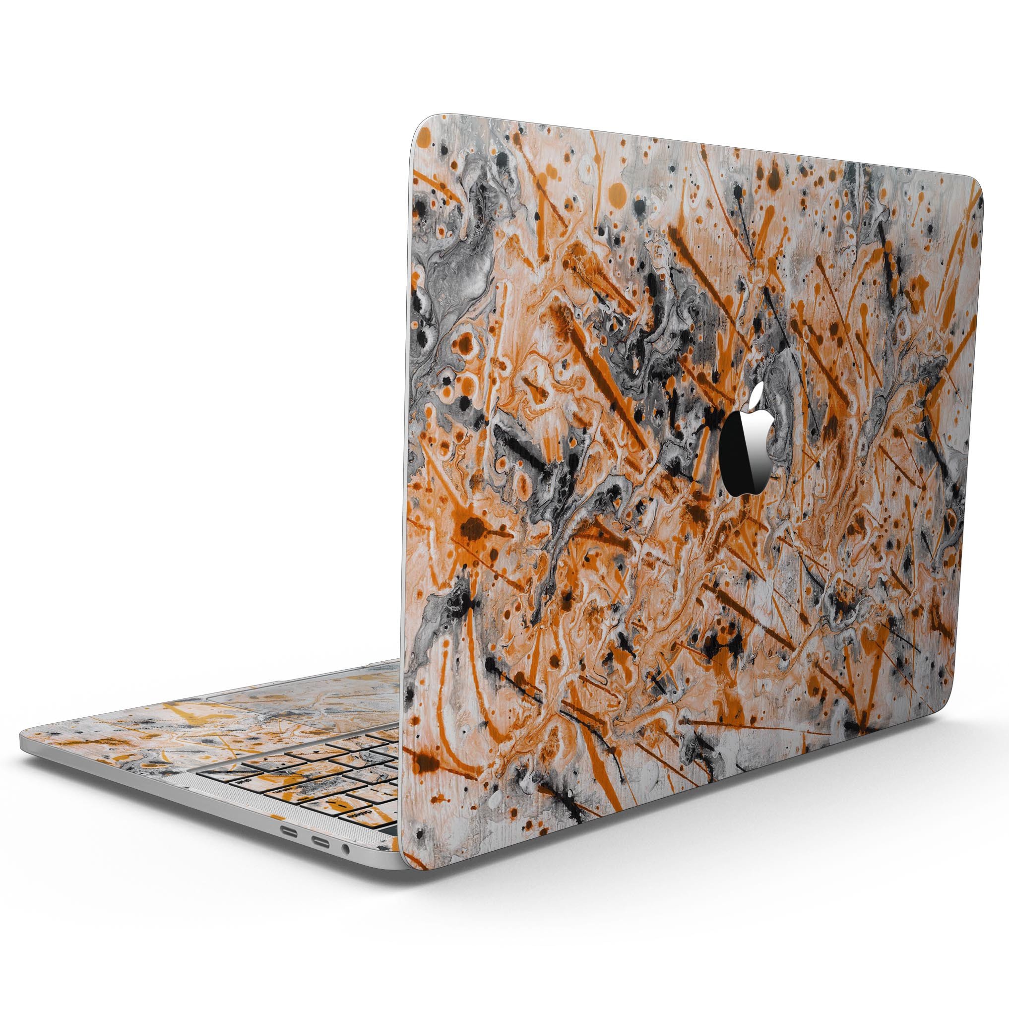 Abstract Wet Paint Orange skin kit for MacBook Pro with Touch Bar, showcasing vibrant colors and premium vinyl material.