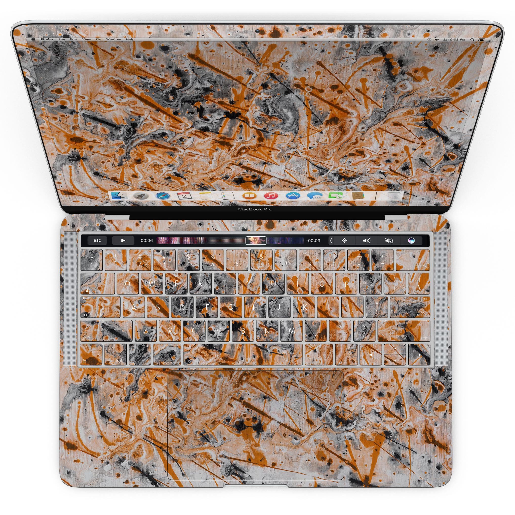 Abstract Wet Paint Orange skin kit for MacBook Pro with Touch Bar, showcasing vibrant colors and premium vinyl material.