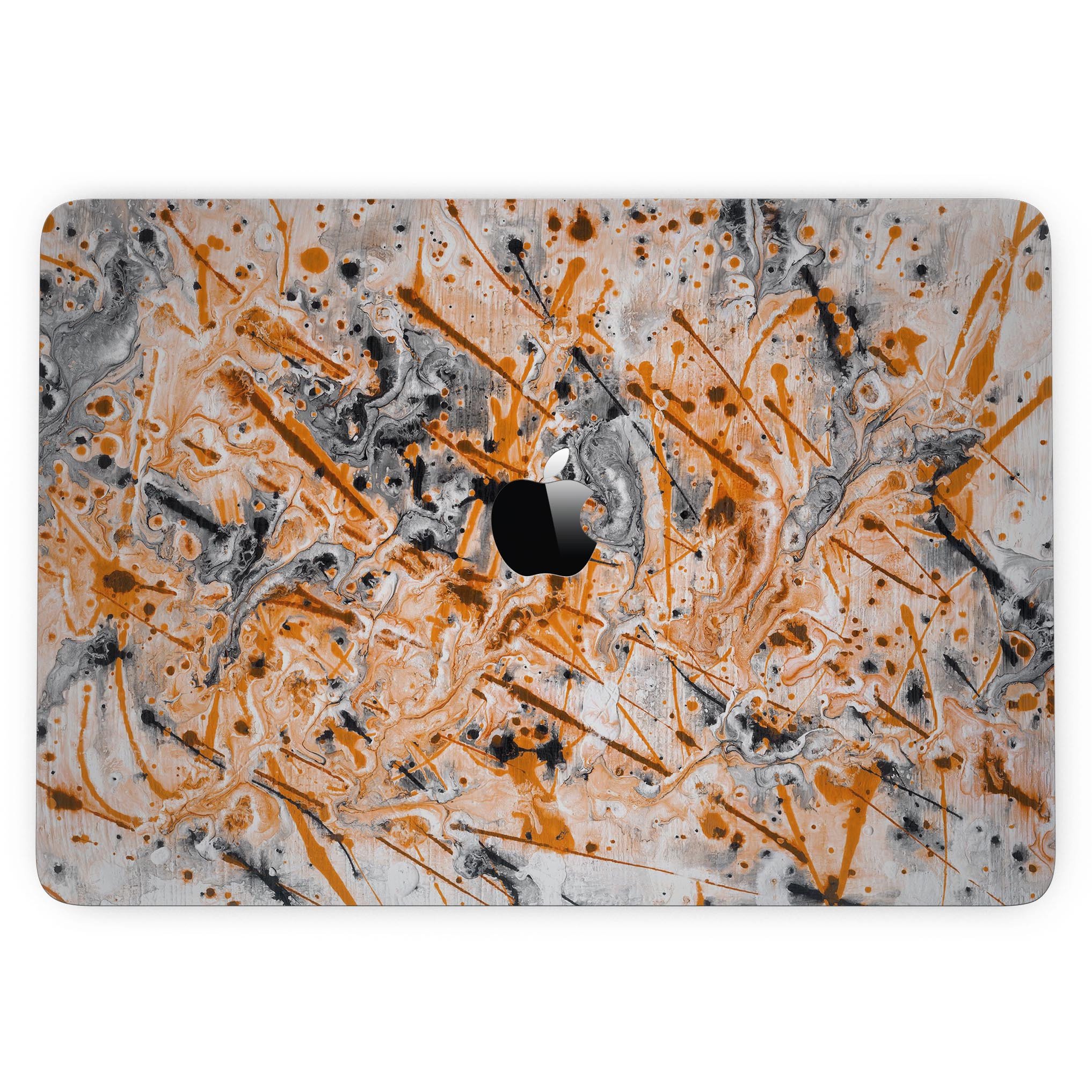 Abstract Wet Paint Orange skin kit for MacBook Pro with Touch Bar, showcasing vibrant colors and premium vinyl material.