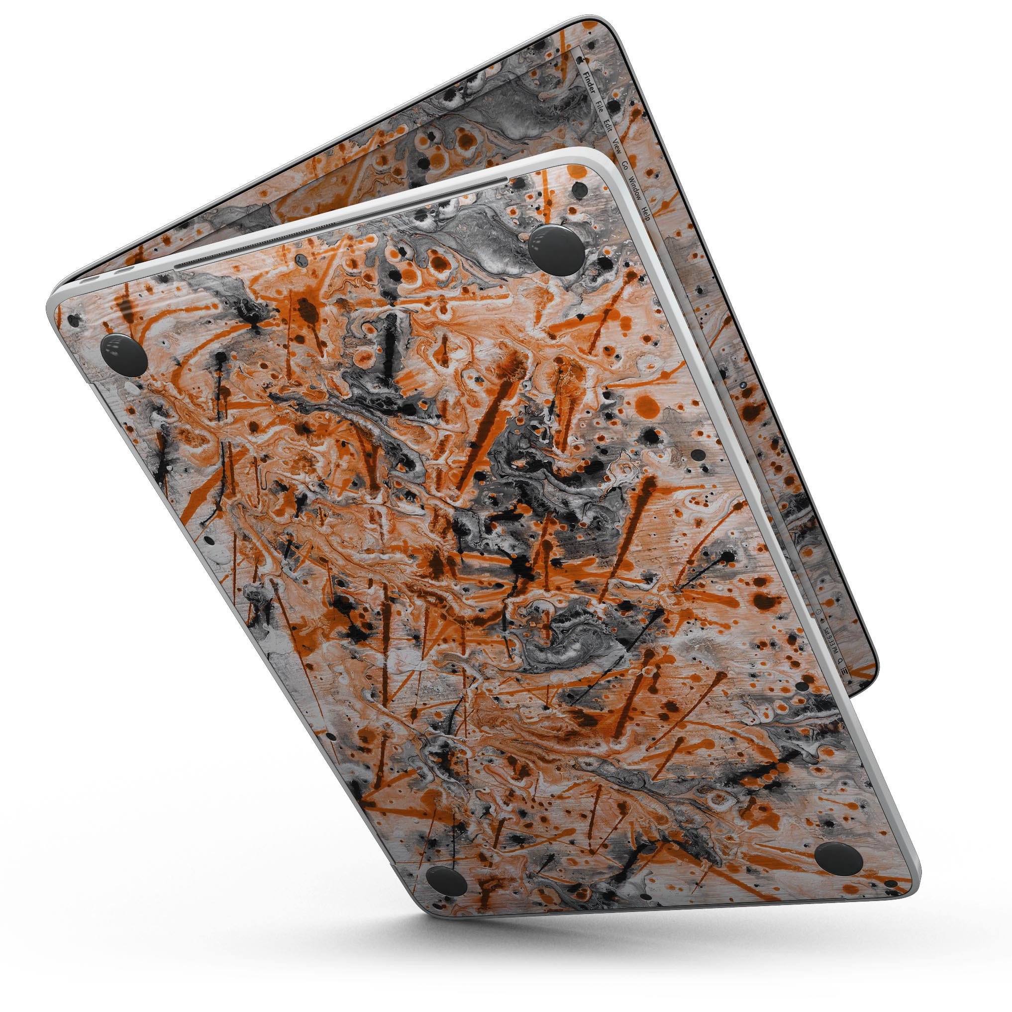 Abstract Wet Paint Orange skin kit for MacBook Pro with Touch Bar, showcasing vibrant colors and premium vinyl material.