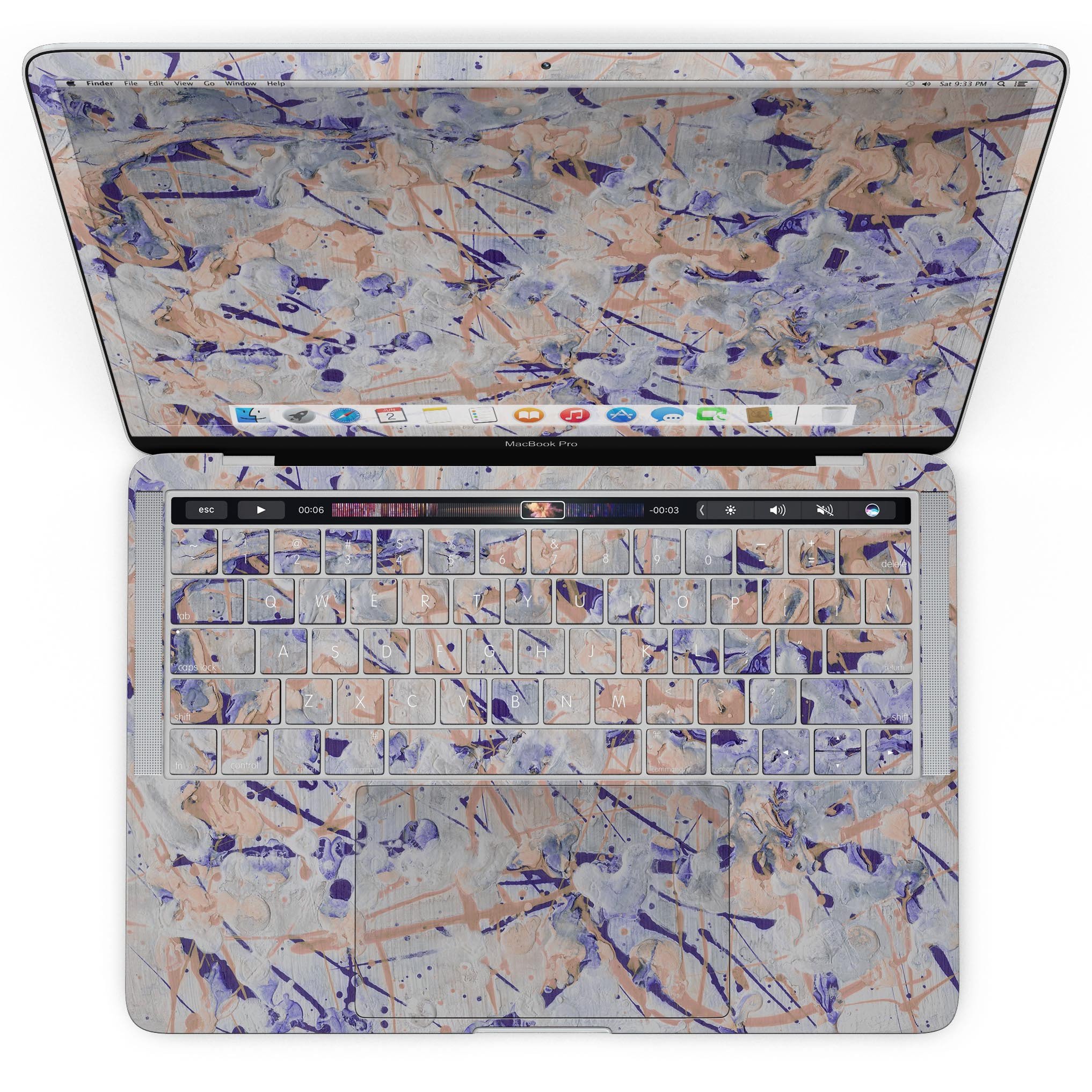 Abstract Wet Paint Pale skin kit for MacBook Pro with Touch Bar, showcasing vibrant colors and a sleek design.