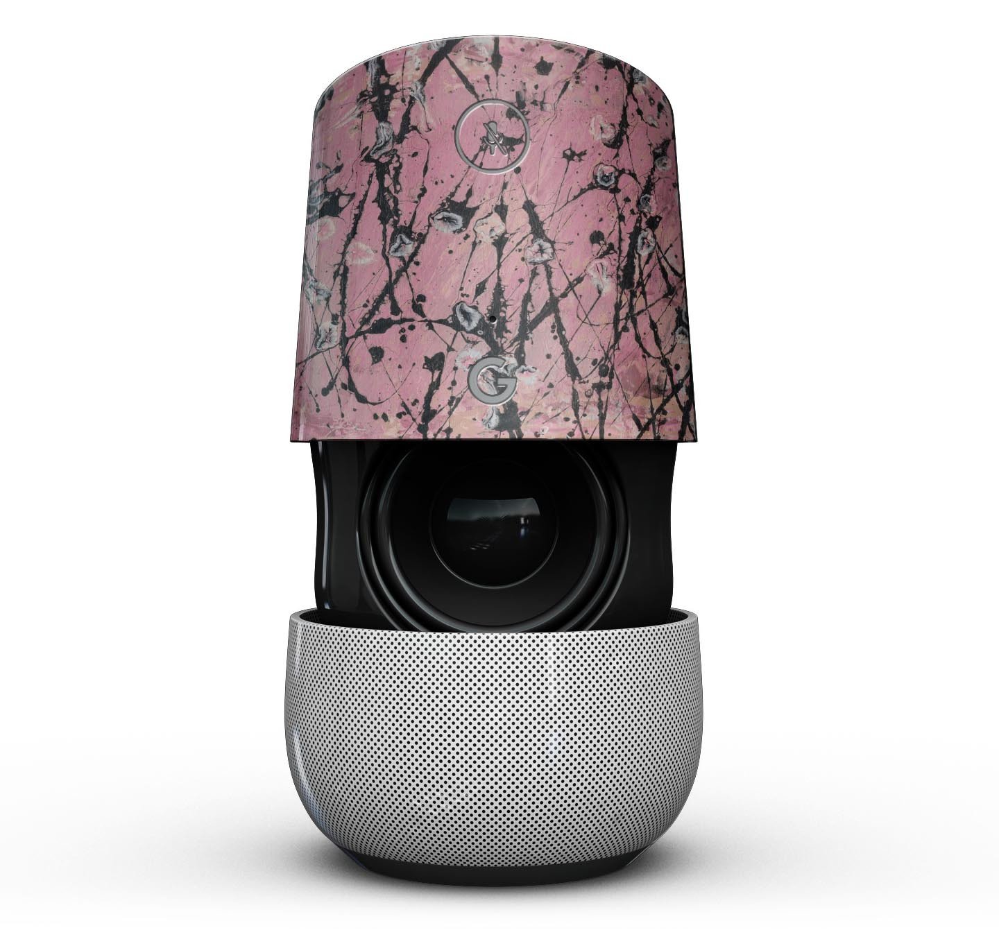 Abstract Wet Paint Pink and Black Full-Body Skin Kit for Google Home Assistant, showcasing vibrant colors and a sleek design.