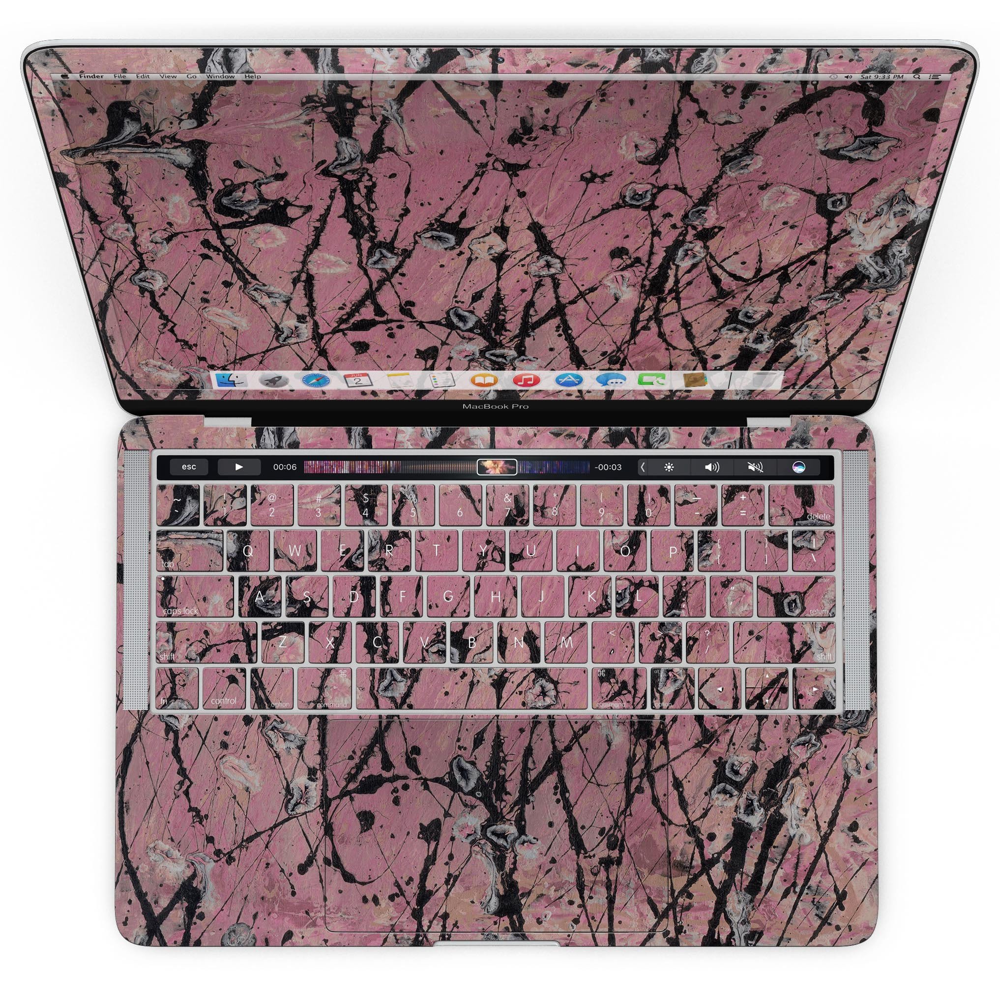 Abstract Wet Paint Pink and Black skin for MacBook Pro with Touch Bar, showcasing vibrant colors and a stylish design.