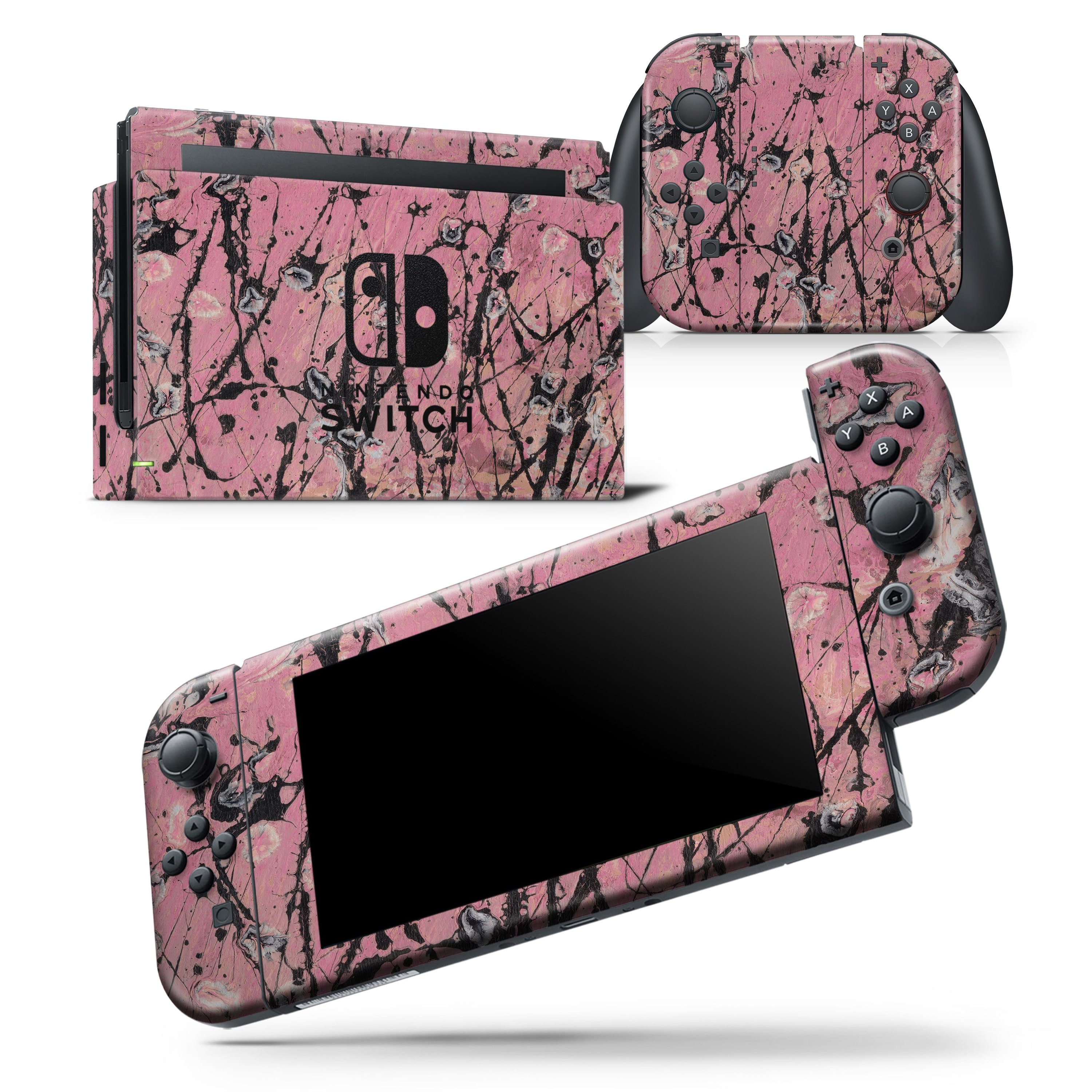 Abstract Wet Paint Pink and Black skin wrap decal for Nintendo Switch, showcasing vibrant colors and a unique design.