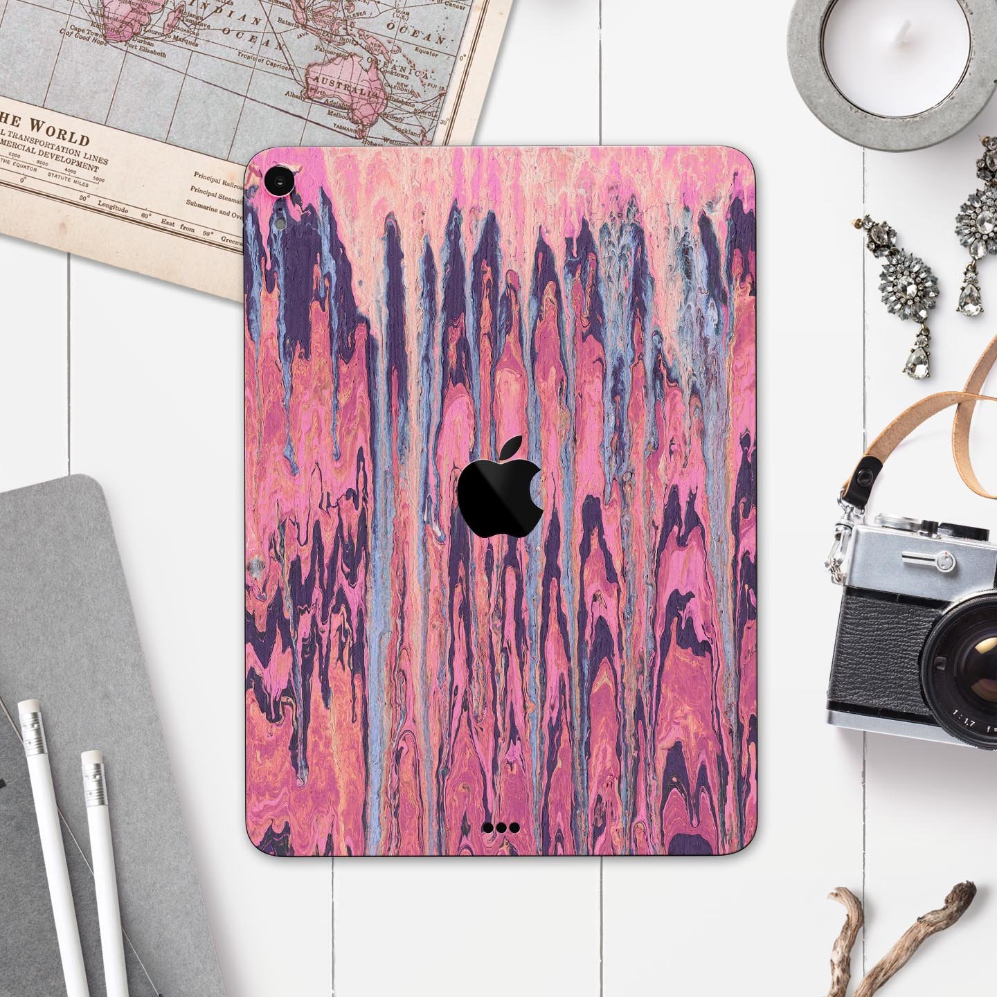 Abstract Wet Paint Pink Sag full body skin decal for Apple iPad, showcasing vibrant colors and artistic design.