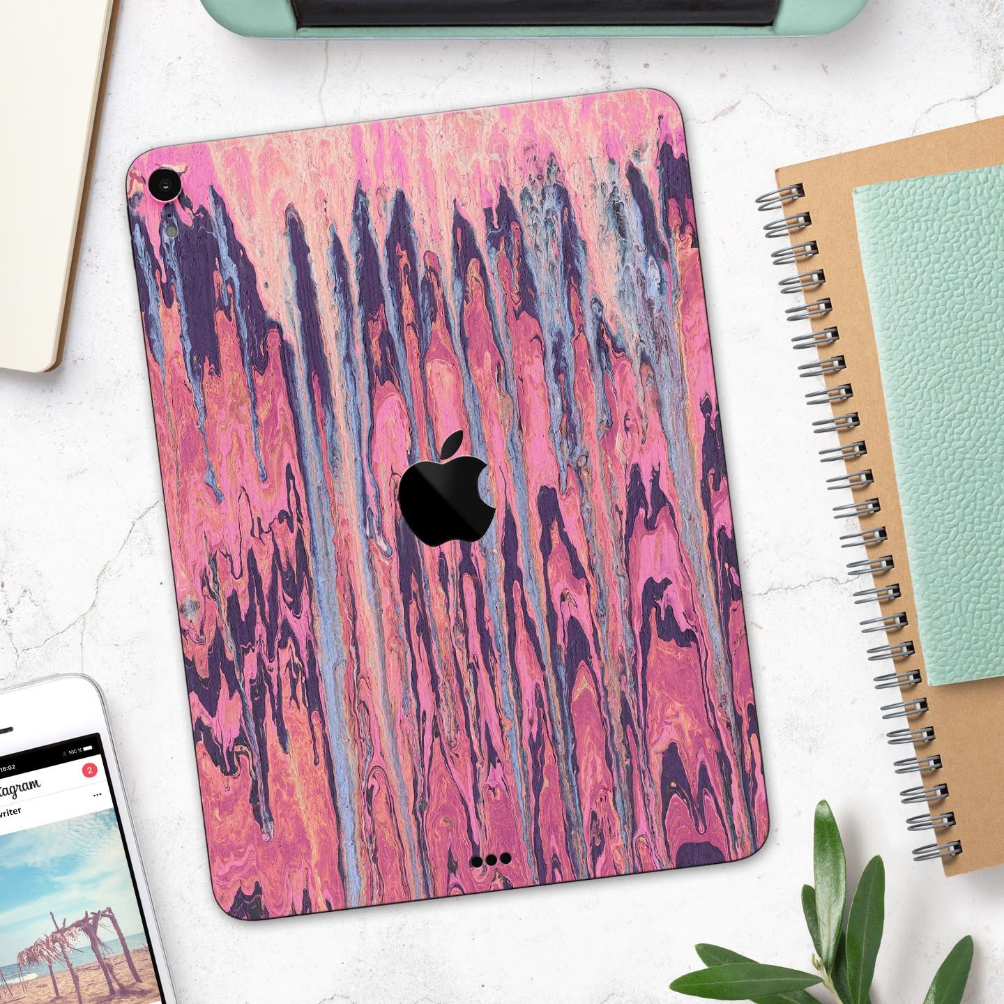 Abstract Wet Paint Pink Sag full body skin decal for Apple iPad, showcasing vibrant colors and artistic design.