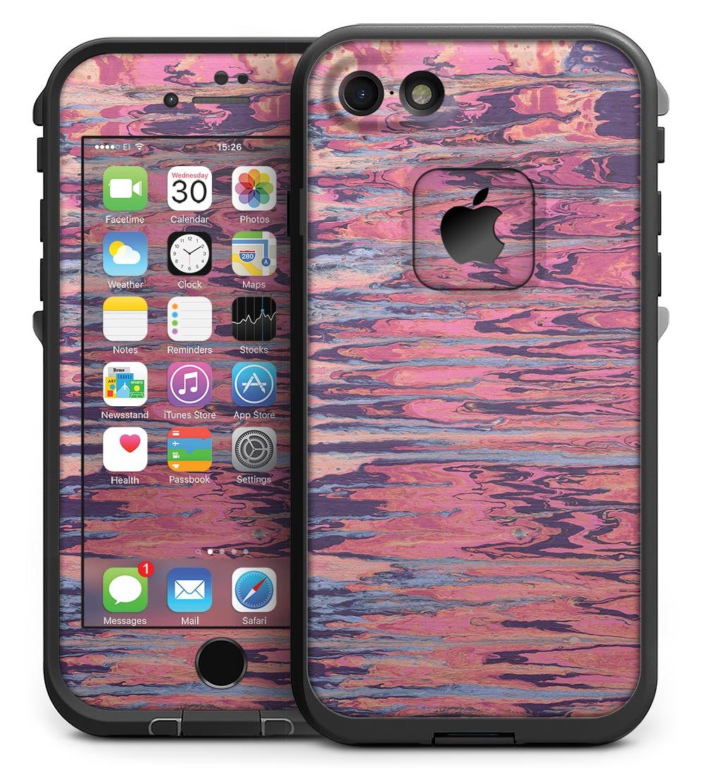 Abstract Wet Paint Pink Skin Kit for iPhone 7 LifeProof Fre Case, showcasing vibrant colors and precise cutouts for a perfect fit.