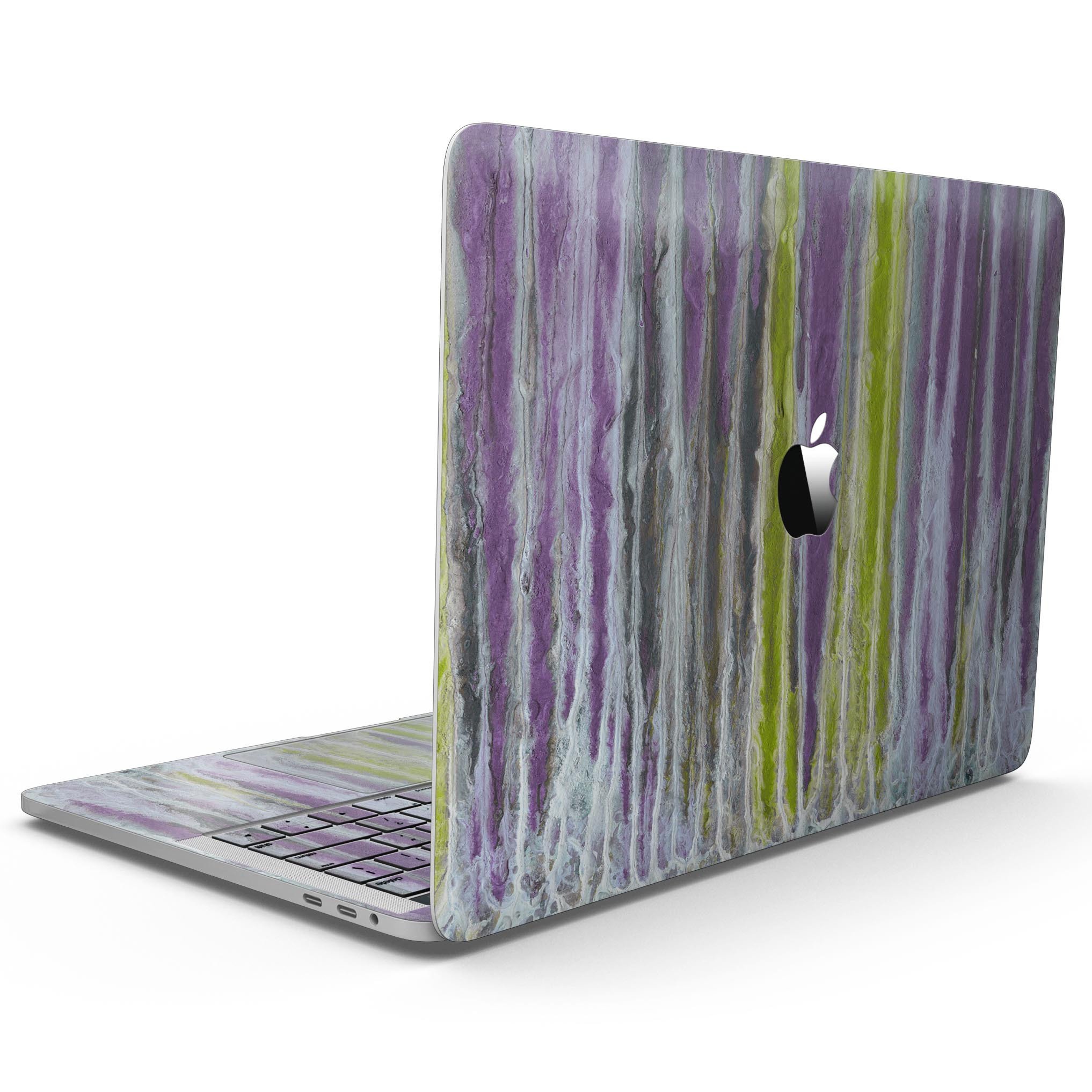 Abstract Wet Paint Purple Skin Kit for MacBook Pro with Touch Bar, showcasing vibrant colors and a sleek design.