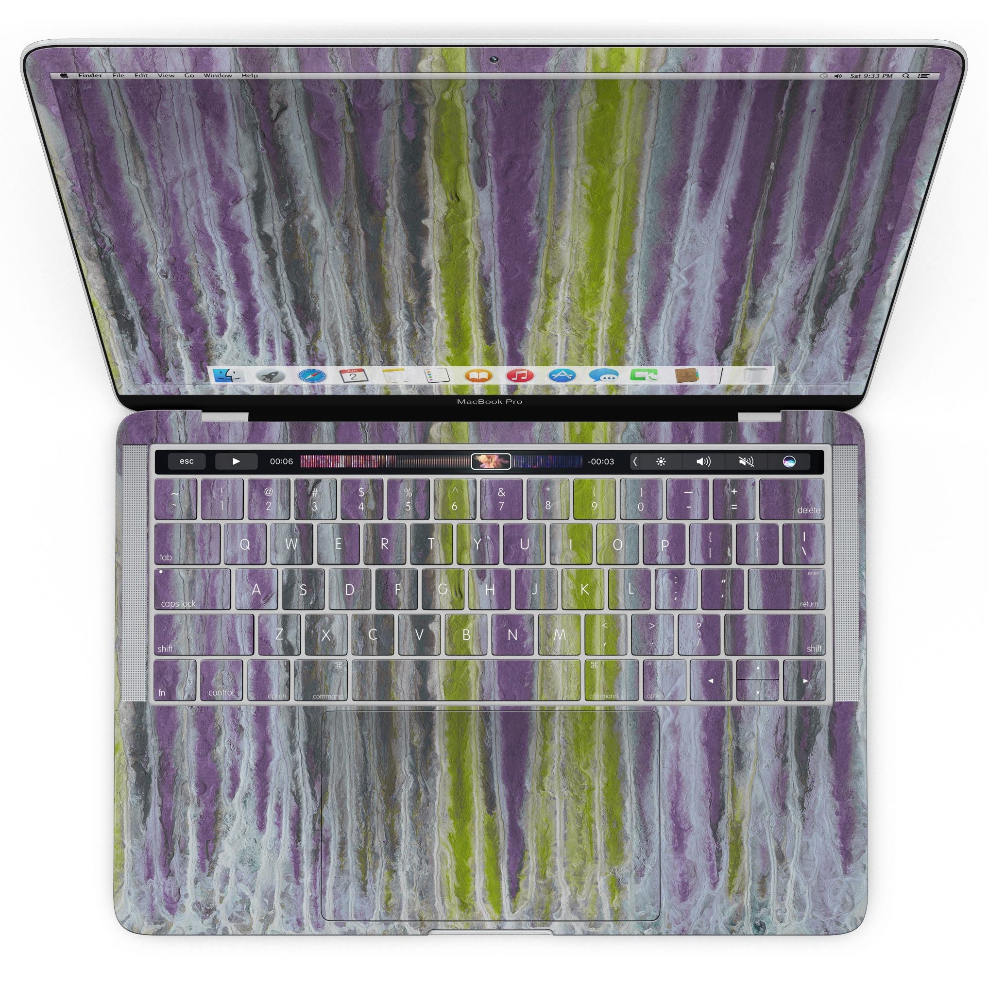 Abstract Wet Paint Purple Skin Kit for MacBook Pro with Touch Bar, showcasing vibrant colors and a sleek design.