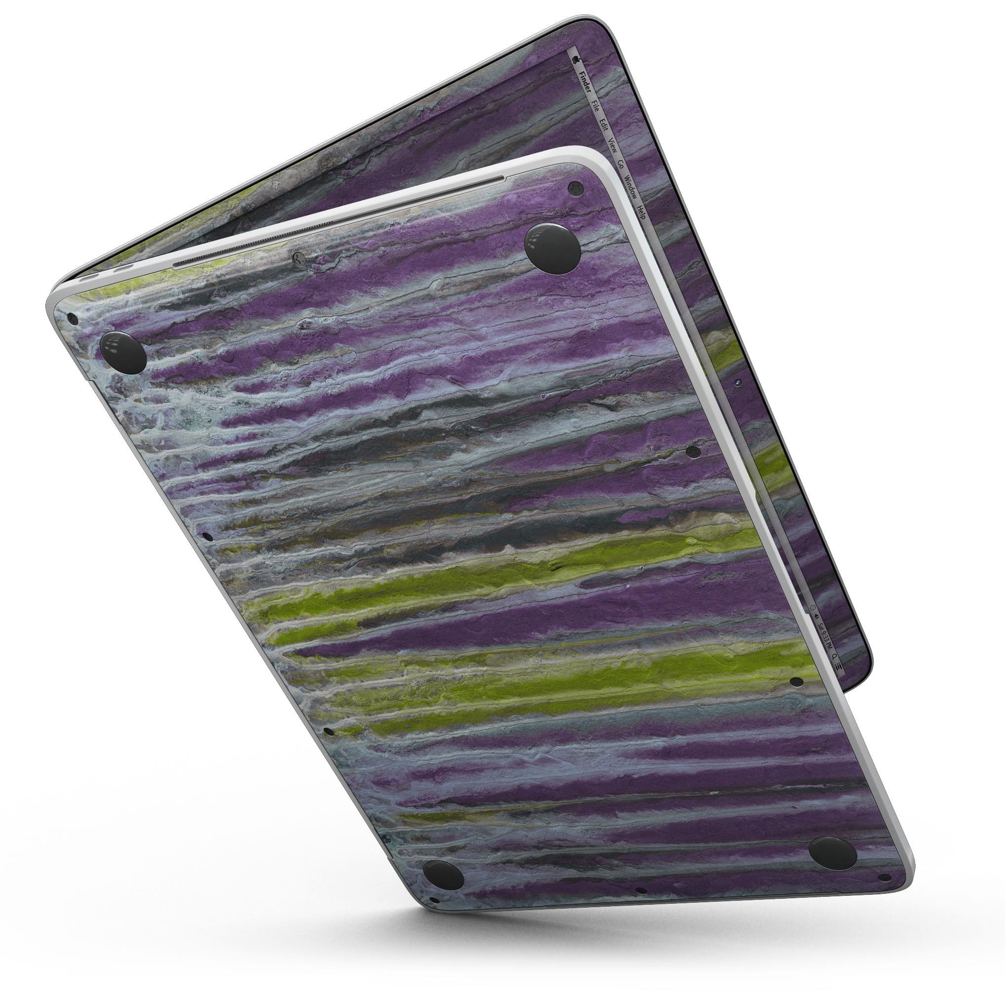 Abstract Wet Paint Purple Skin Kit for MacBook Pro with Touch Bar, showcasing vibrant colors and a sleek design.