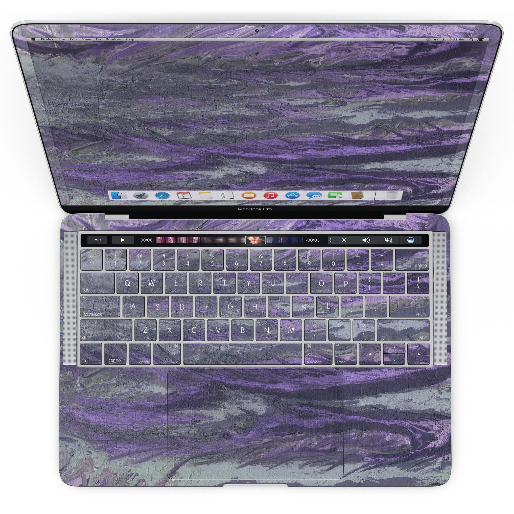 Abstract Wet Paint Purple v3 skin for MacBook Pro with Touch Bar, showcasing vibrant colors and a sleek design.