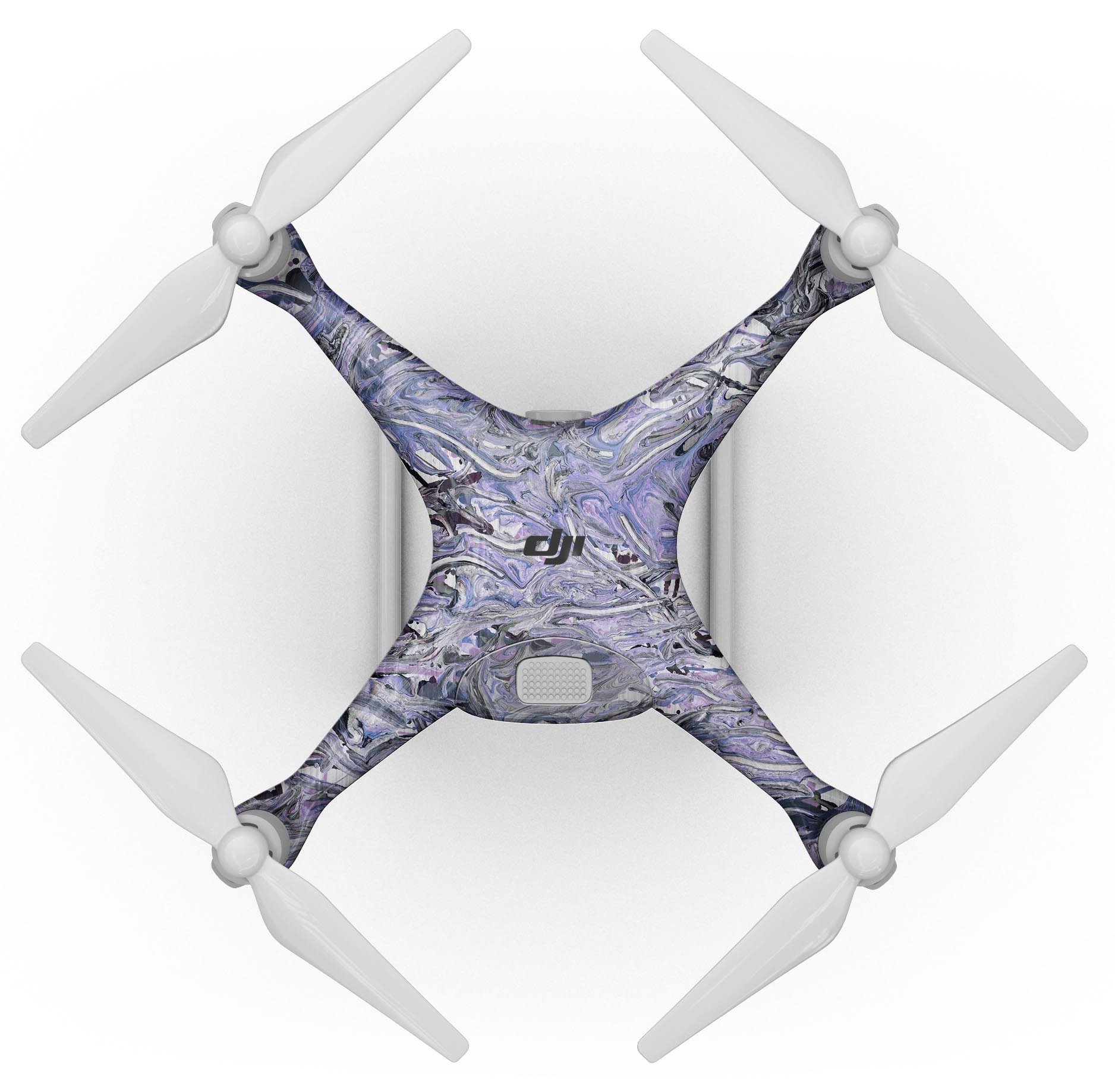 Abstract Wet Paint Purples v3 Full-Body Skin Kit for DJI Phantom 4, showcasing vibrant purple colors and unique abstract design.