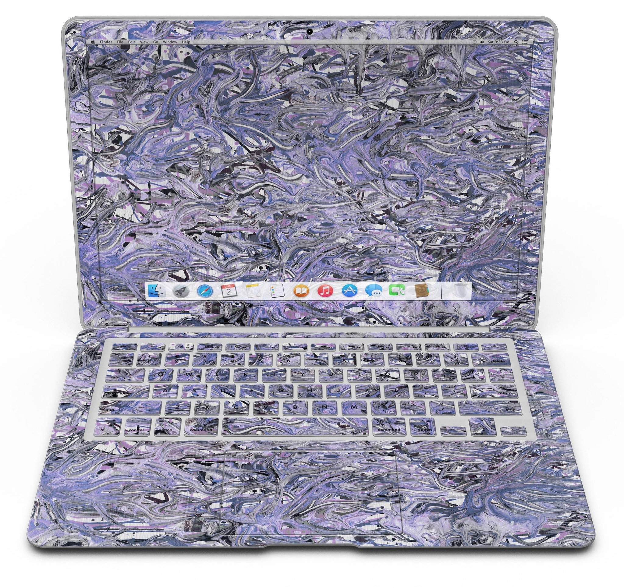 Abstract Wet Paint Purples v3 skin kit for MacBook Air, showcasing vibrant purple abstract design on premium vinyl material.