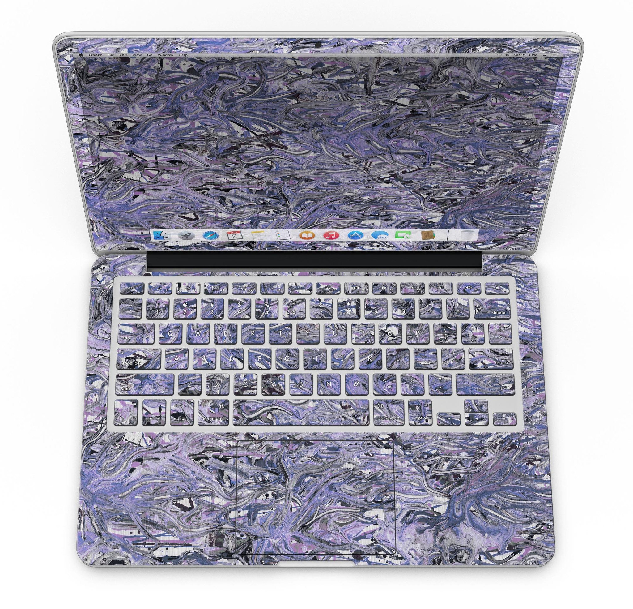 Abstract Wet Paint Purples v3 skin for MacBook Pro with Retina Display, showcasing vibrant colors and artistic design.