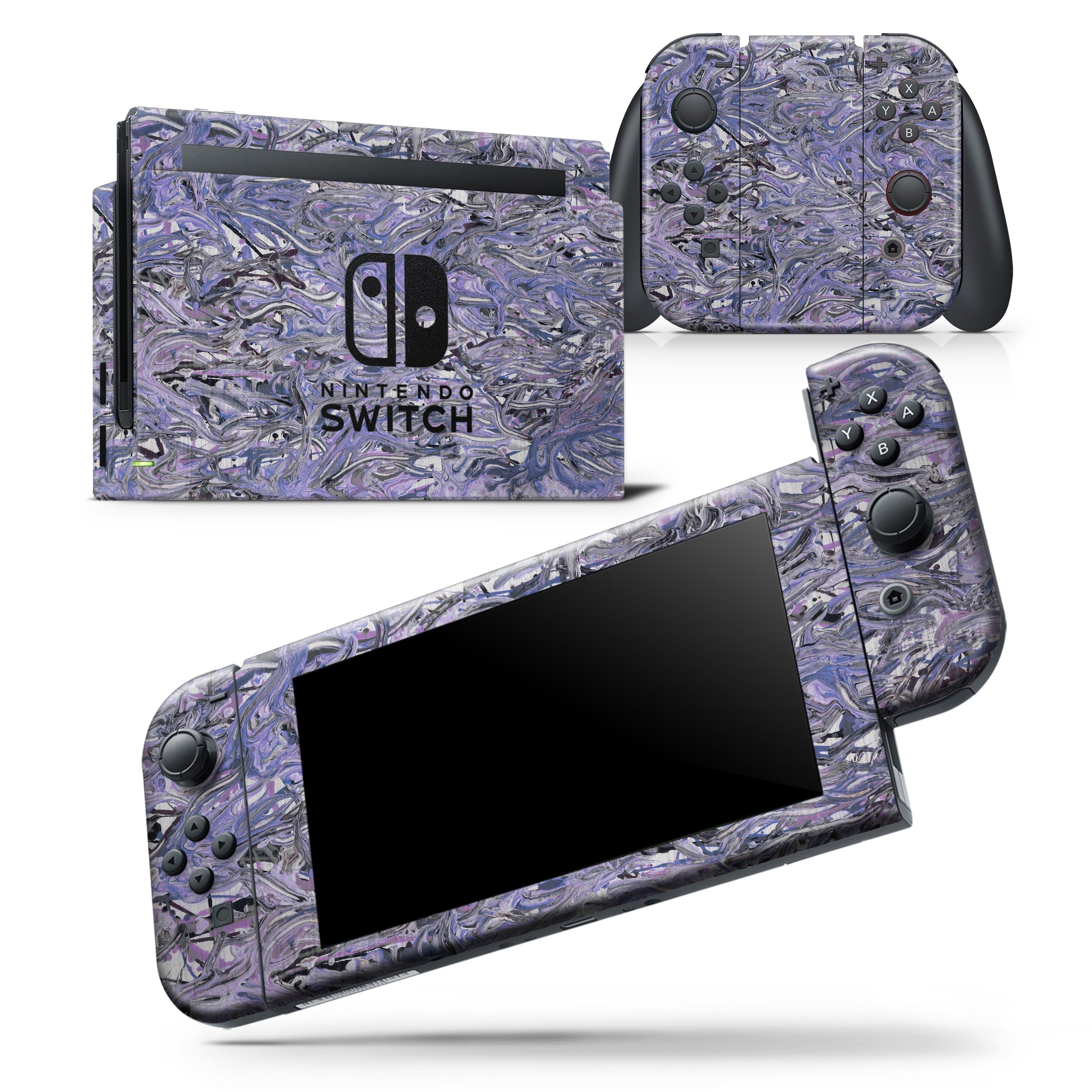 Abstract Wet Paint Purples v3 skin wrap decal for Nintendo Switch, showcasing vibrant colors and a sleek design.