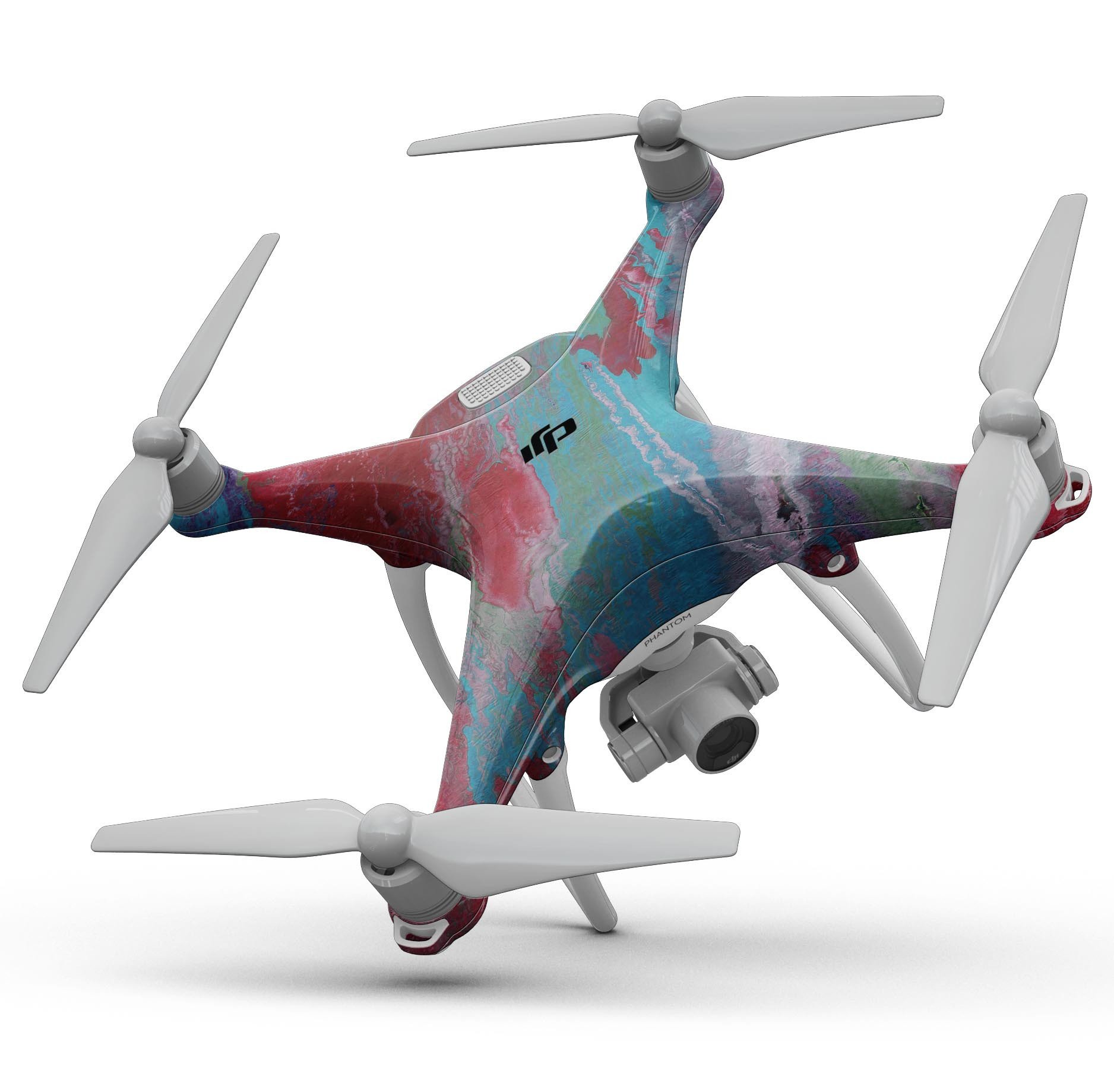 Abstract Wet Paint Red and Blue Full-Body Skin Kit for DJI Phantom 4 Drone, showcasing vibrant colors and unique design.