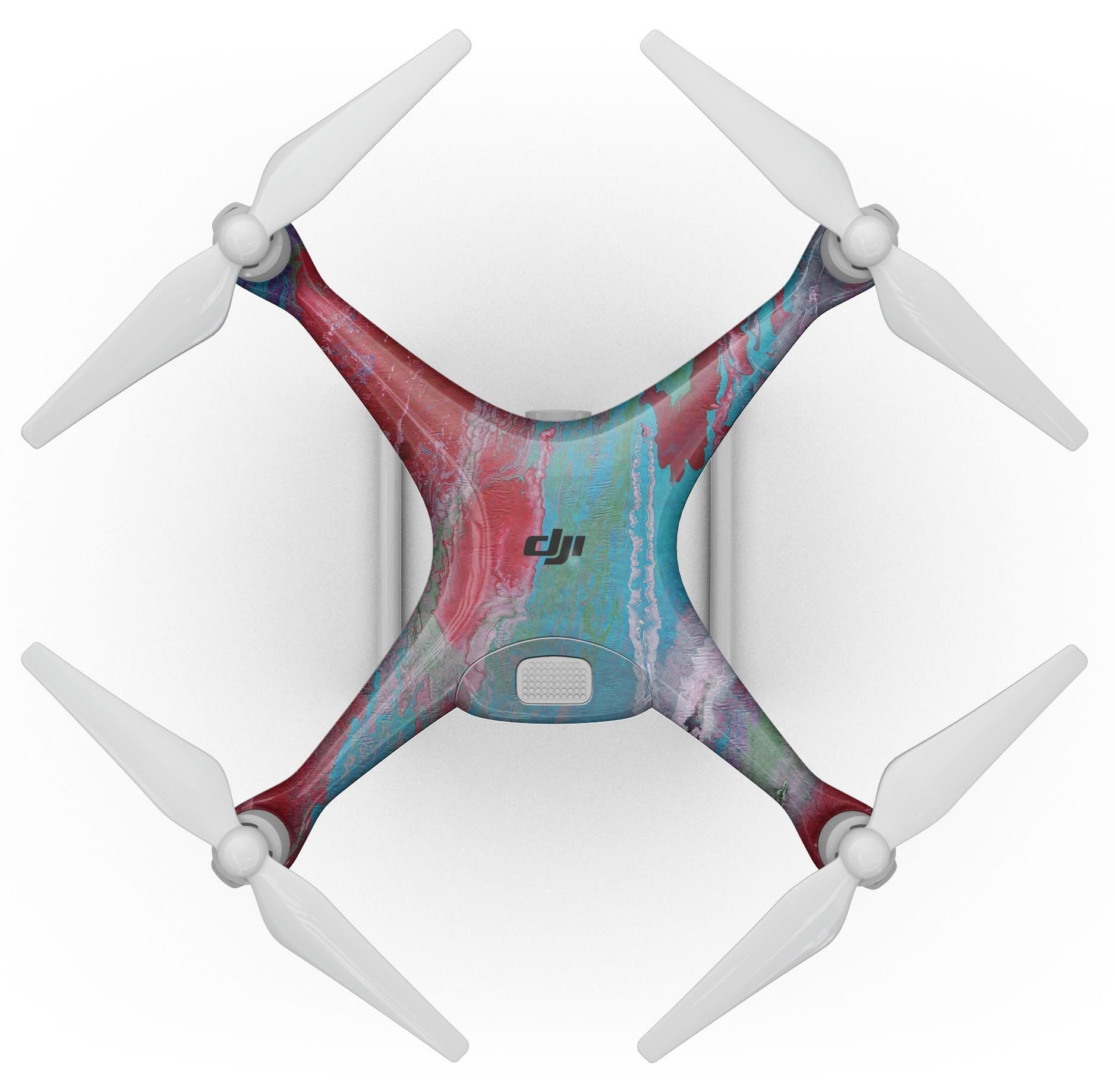 Abstract Wet Paint Red and Blue Full-Body Skin Kit for DJI Phantom 4 Drone, showcasing vibrant colors and unique design.