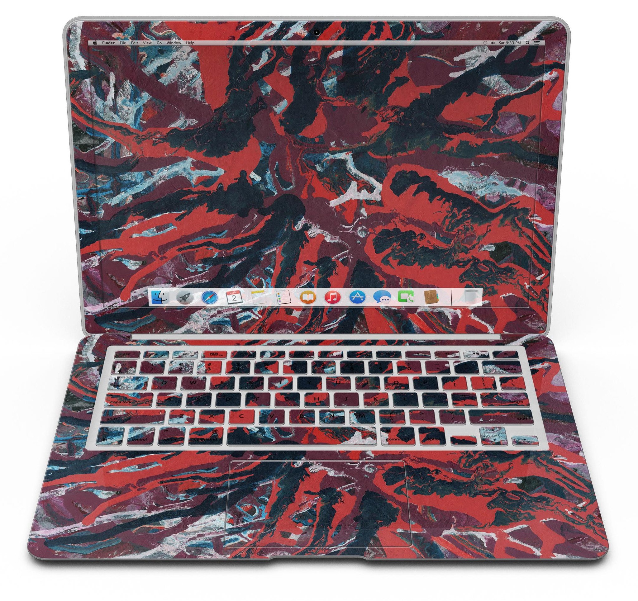 Abstract Wet Paint Red skin kit for MacBook Air, showcasing vibrant red color and abstract design.