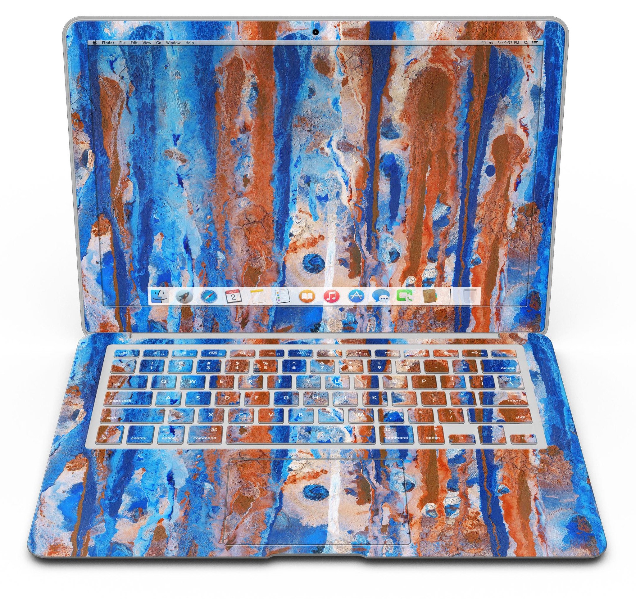 Abstract Wet Paint Rustic Blue skin kit for MacBook Air, showcasing a vibrant blue abstract design on premium vinyl.