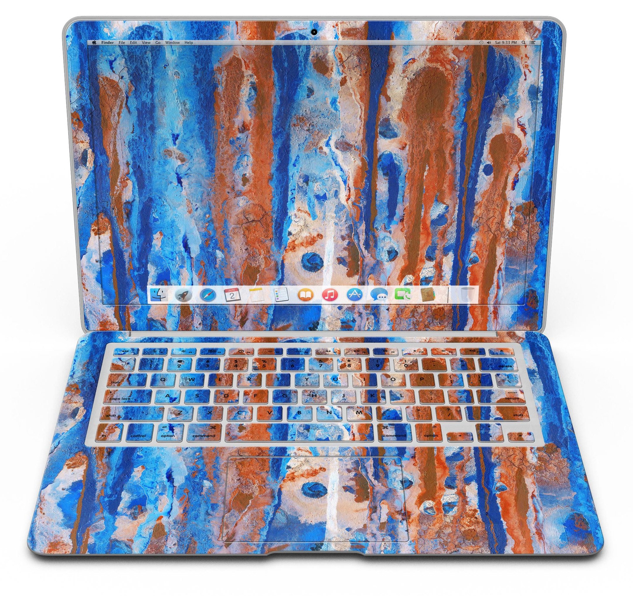 Abstract Wet Paint Rustic Blue skin kit for MacBook Air, showcasing a vibrant blue abstract design on premium vinyl.