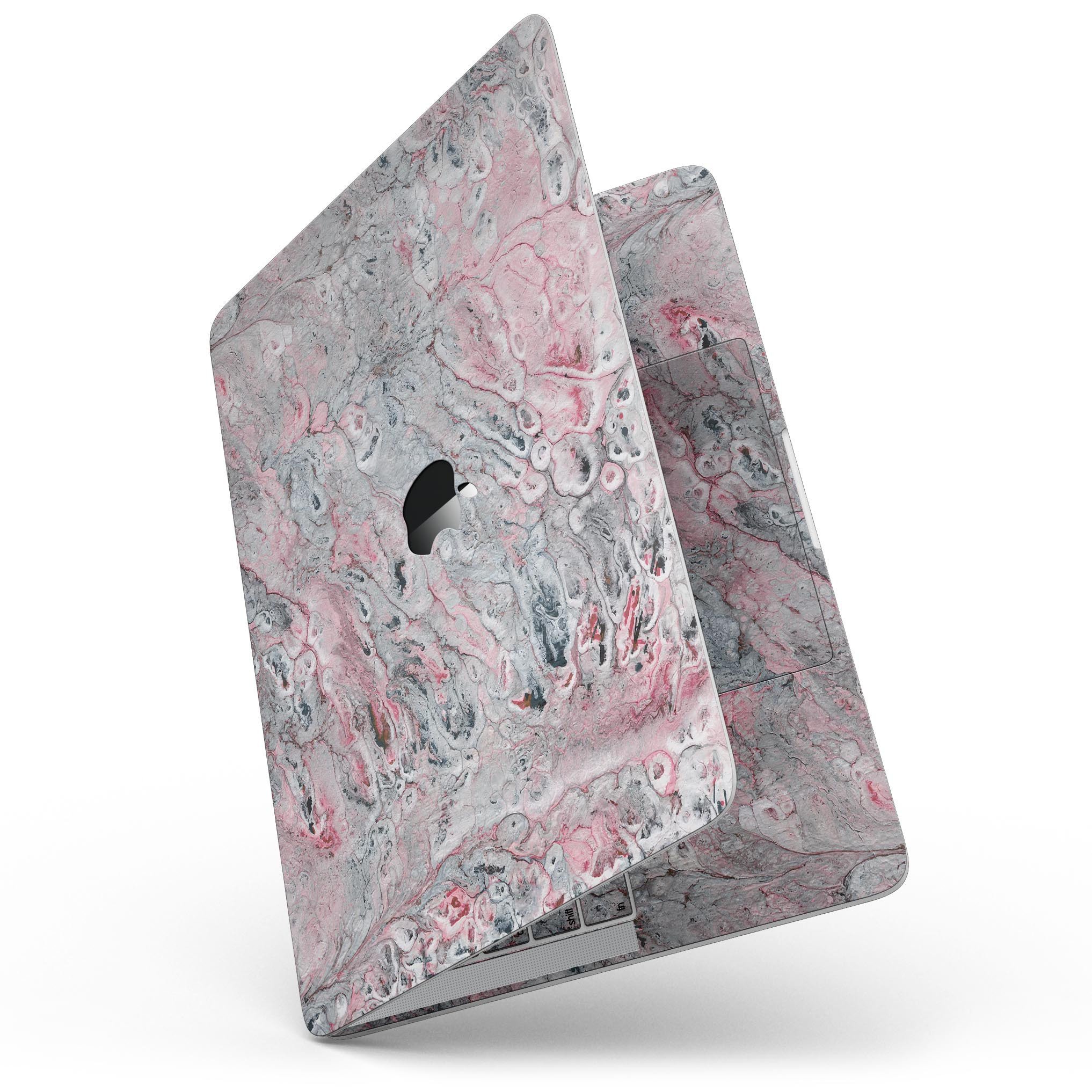 Abstract Wet Paint skin in subtle pink and gray for 13" MacBook Pro without Touch Bar, showcasing stylish design and premium vinyl material.